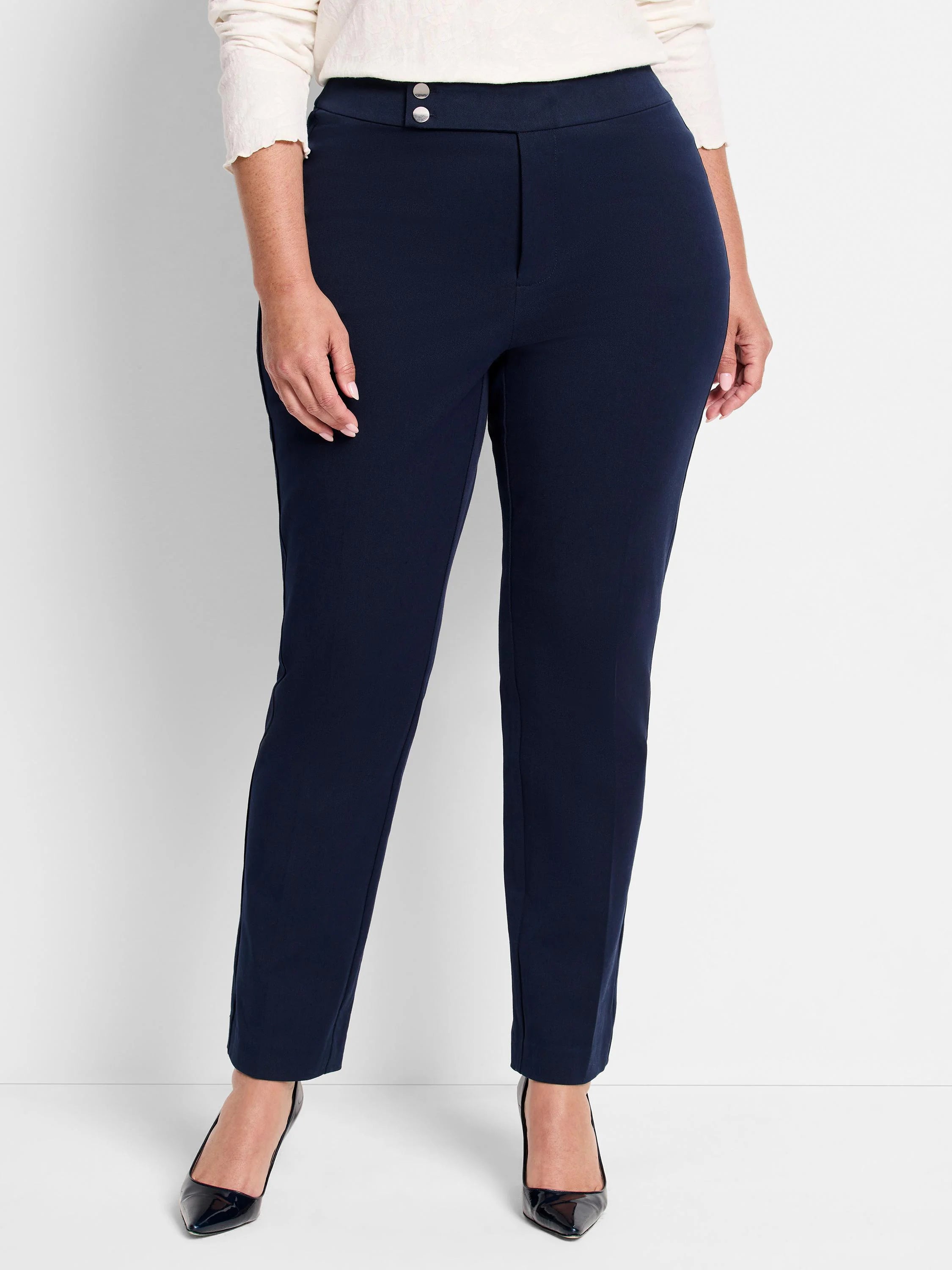 Navy blue straight-leg pants;  flat front, three silver buttons at waistband.