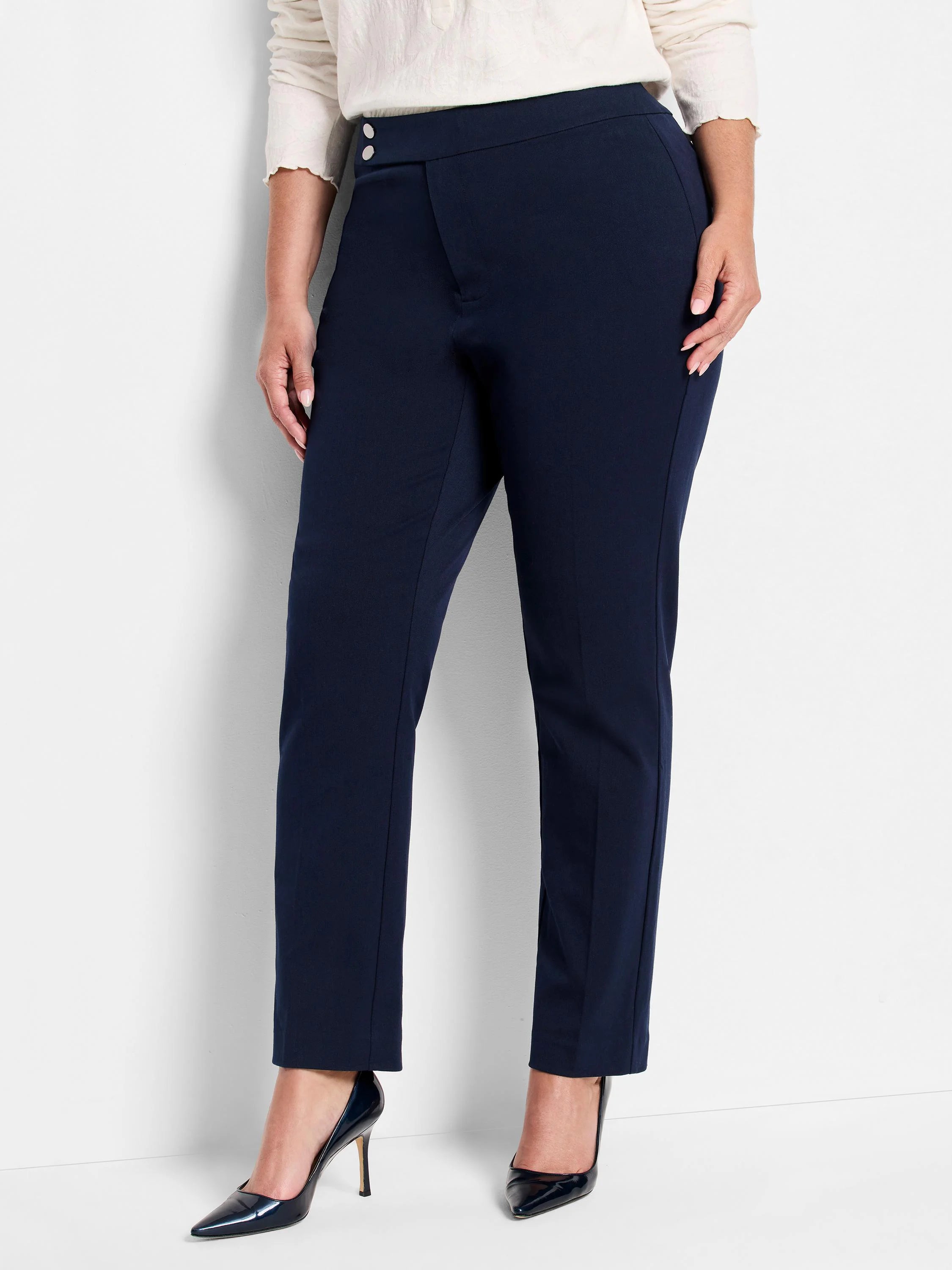 Navy blue straight-leg pants;  high-waisted with two small buttons.