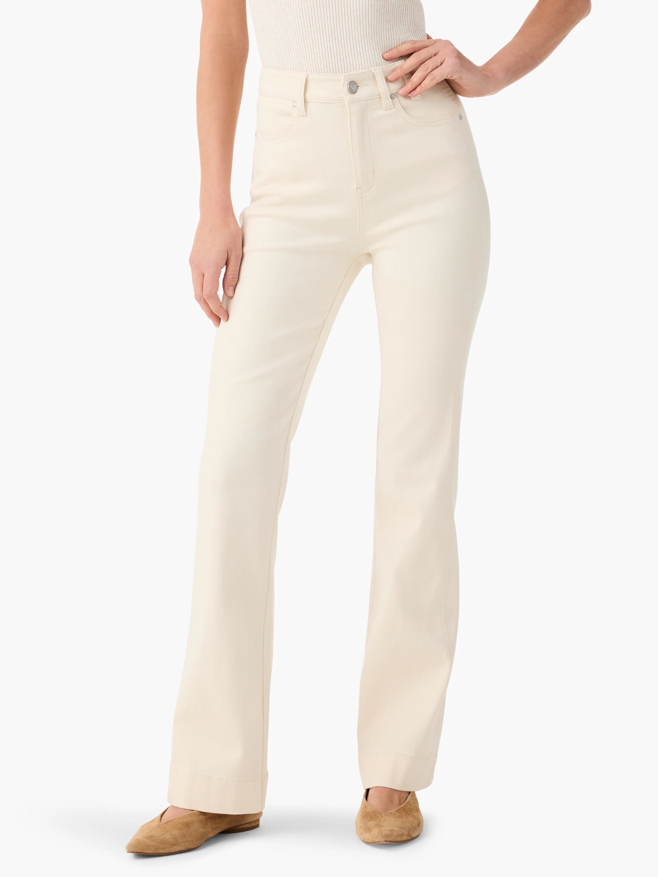Off-white high-waisted bootcut jeans, with front pockets and a visible button closure.