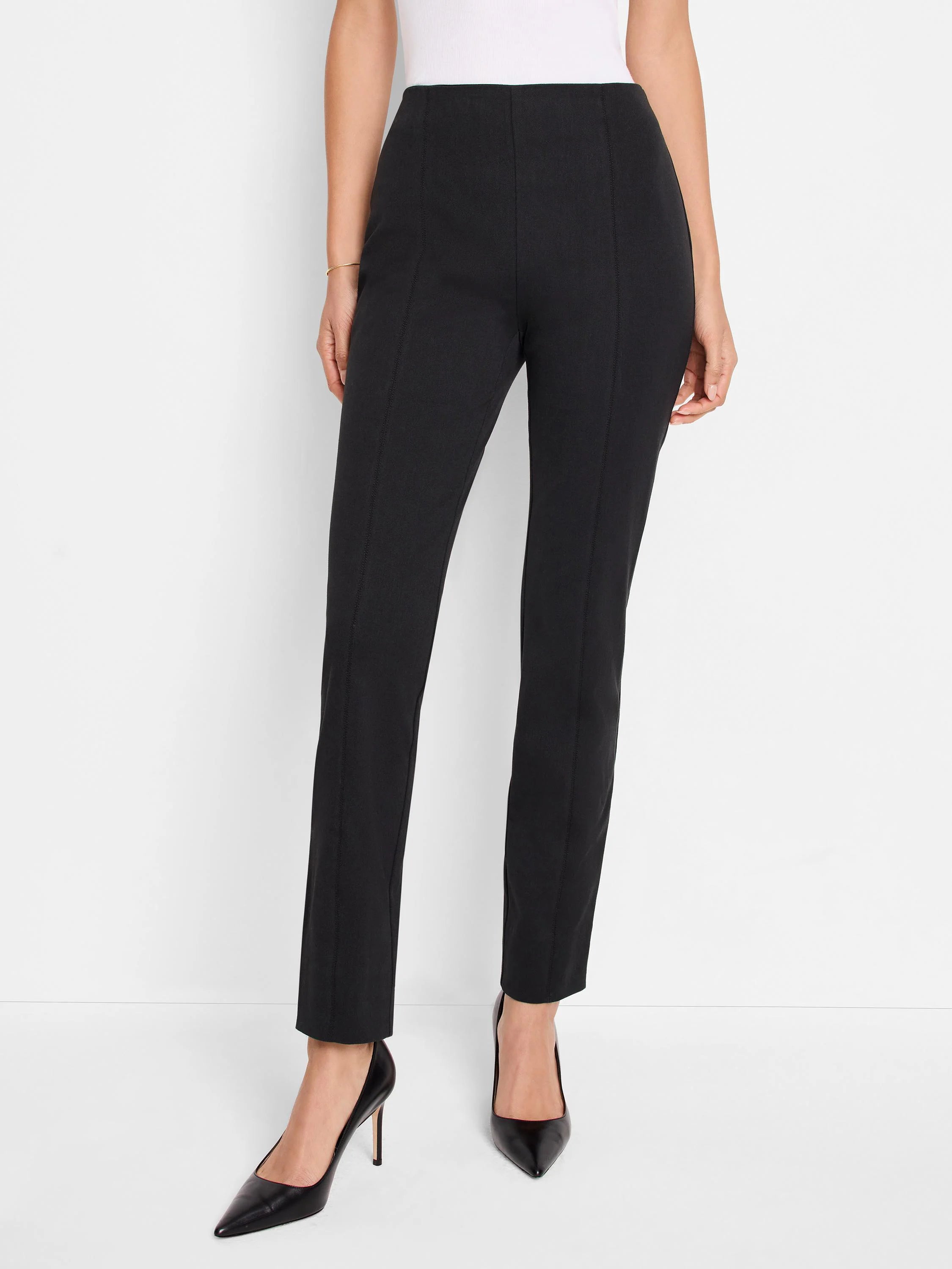 Black pull-on pants, slim fit, straight leg, subtle seam detail.