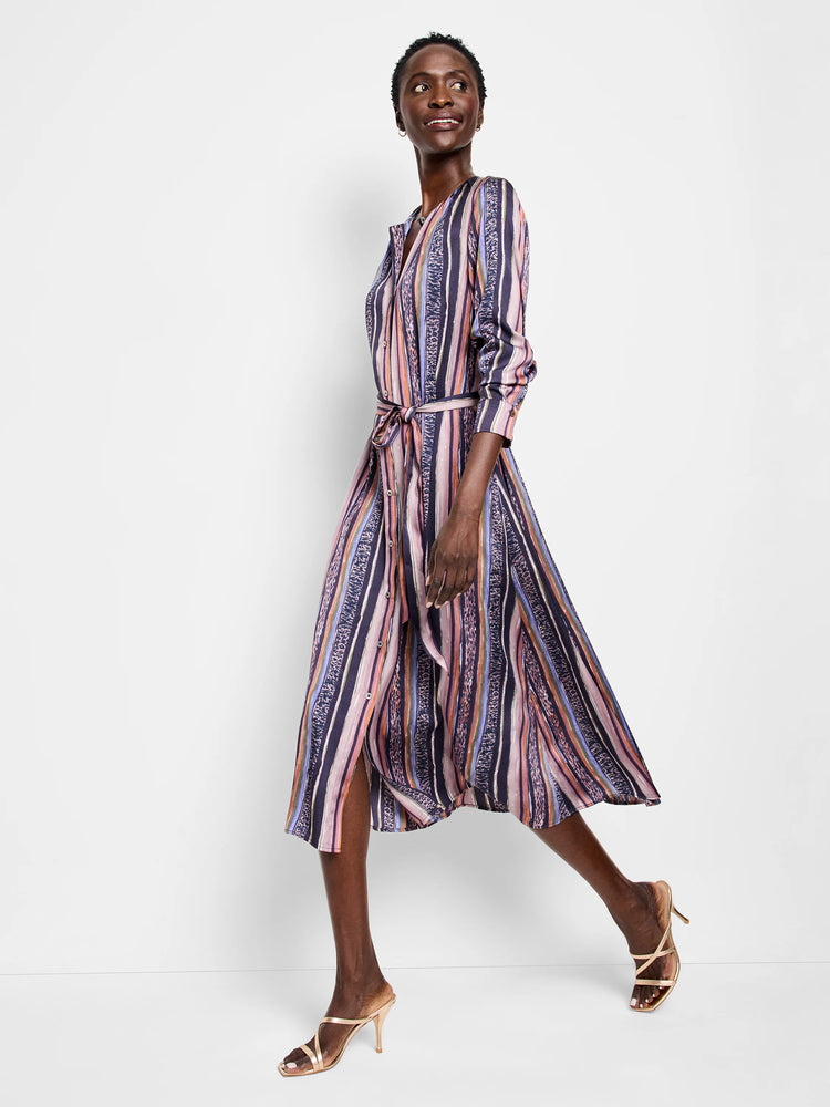 Midi shirt dress, vertical stripes in pink, purple, blue, and dark gray. Features a belt.