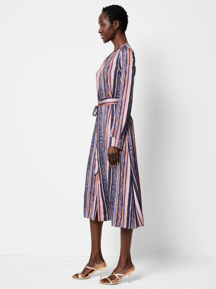 Midi-length dress with vertical stripes in pink, orange, purple, and dark blue. Features a self-tie belt.
