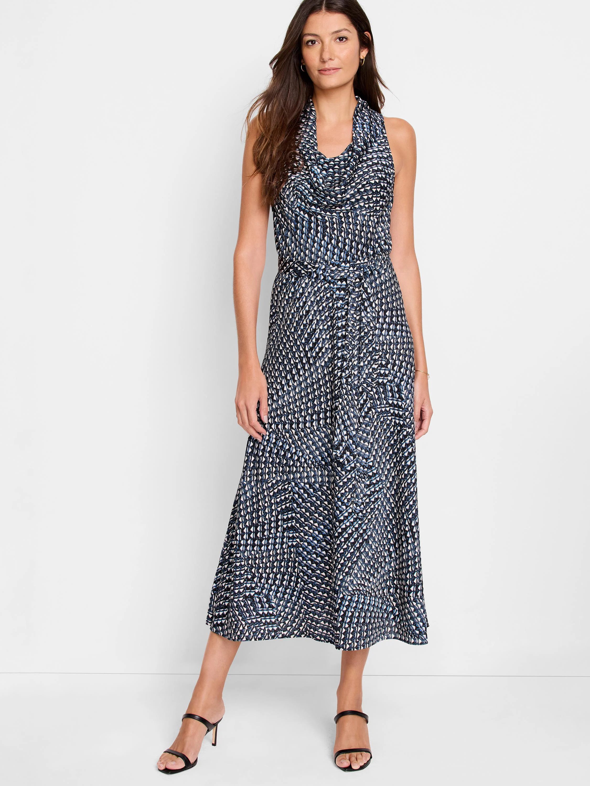 Midi dress, cowl neck, sleeveless. Black, blue, and white geometric print. Belted waist.
