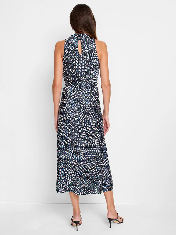 Midi dress, sleeveless, high neck, keyhole back. Black, blue, and beige abstract print.