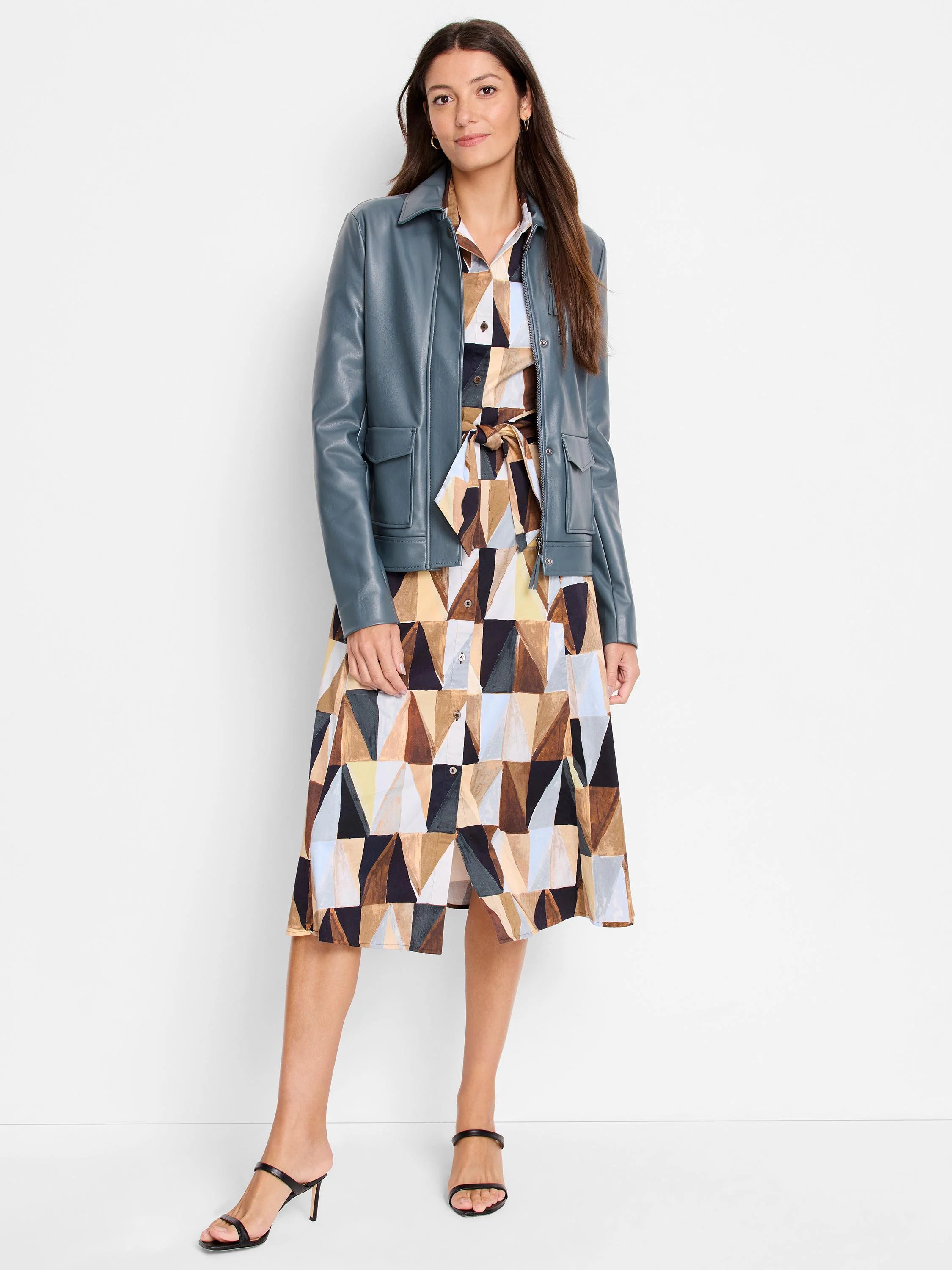 Teal shirt dress with geometric print in browns, beige, and black. A teal jacket is shown layered over it.