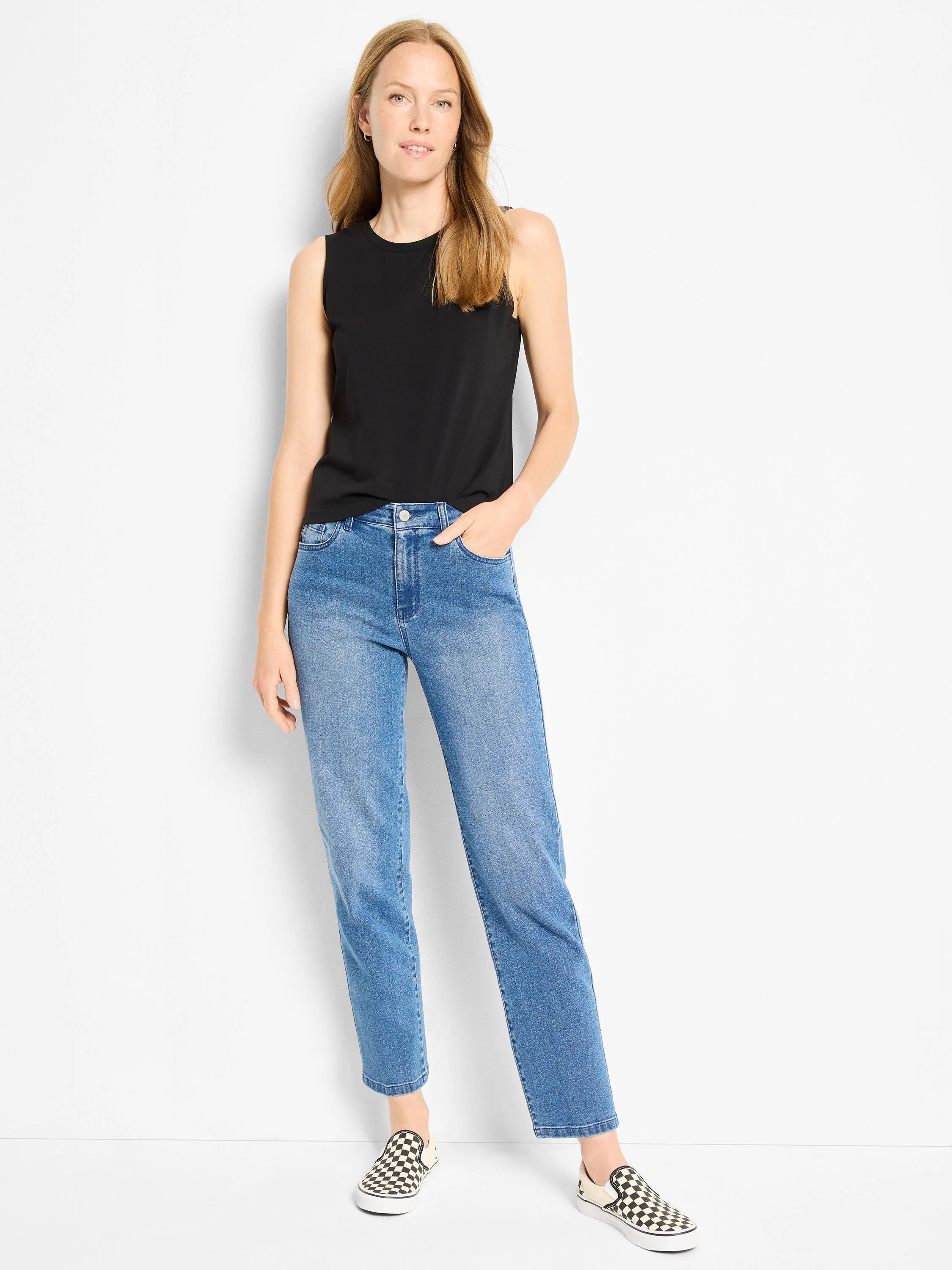 Black knit sleeveless tank with a rounded neckline.