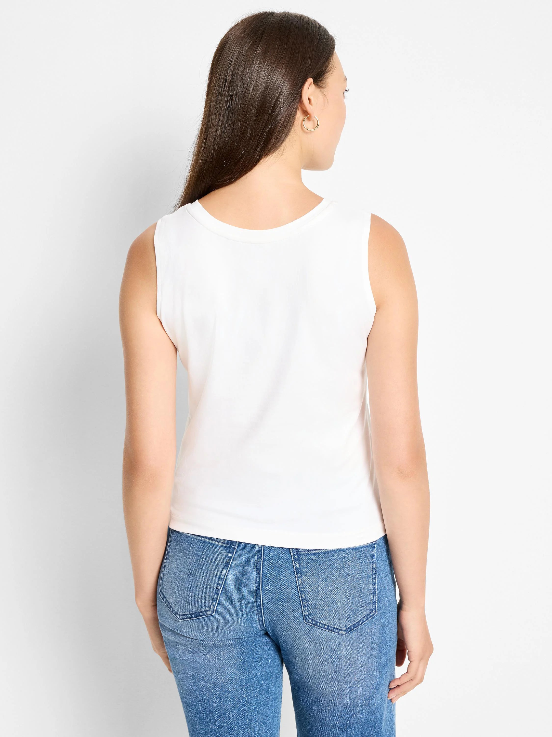 White knit sleeveless tank with a scoop back neckline.