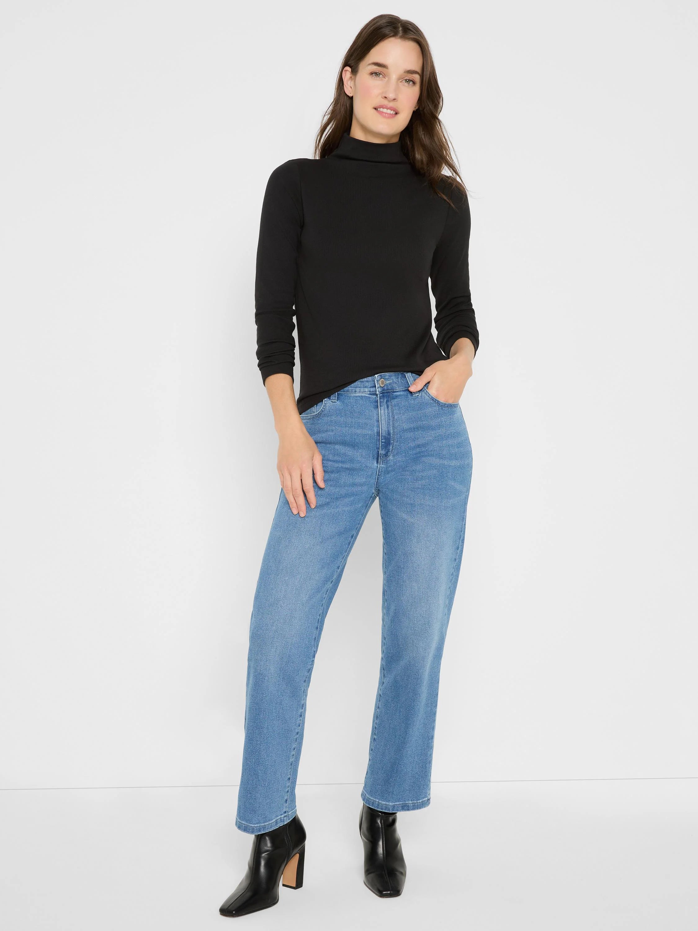 Black ribbed knit long sleeve mock neck tee.