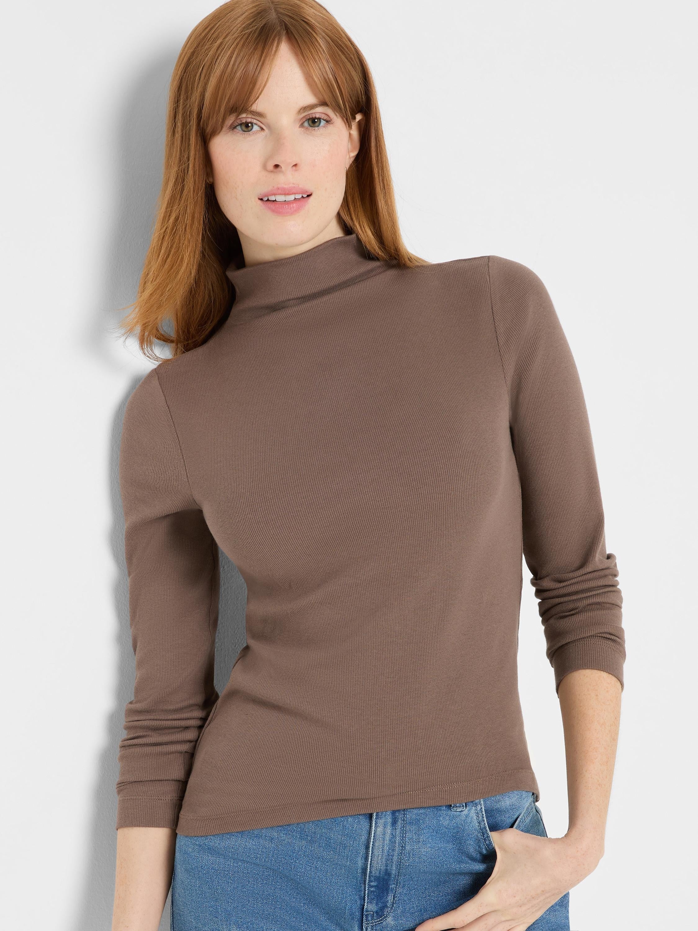 Mocha brown ribbed mock neck long sleeve tee, fitted.