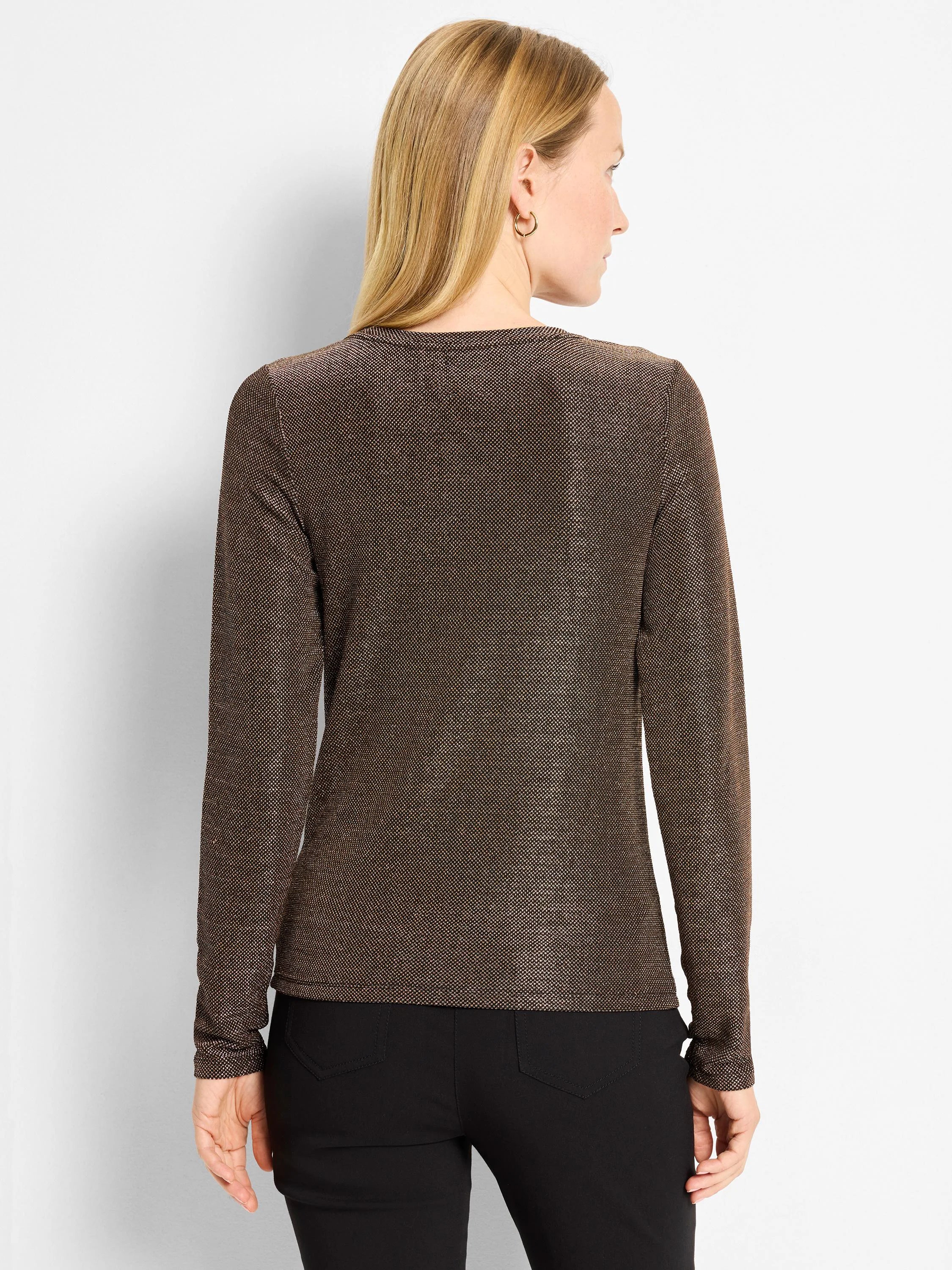 Long-sleeve knit top in deep bronze with a fine, shimmering texture. Model shown from the back.