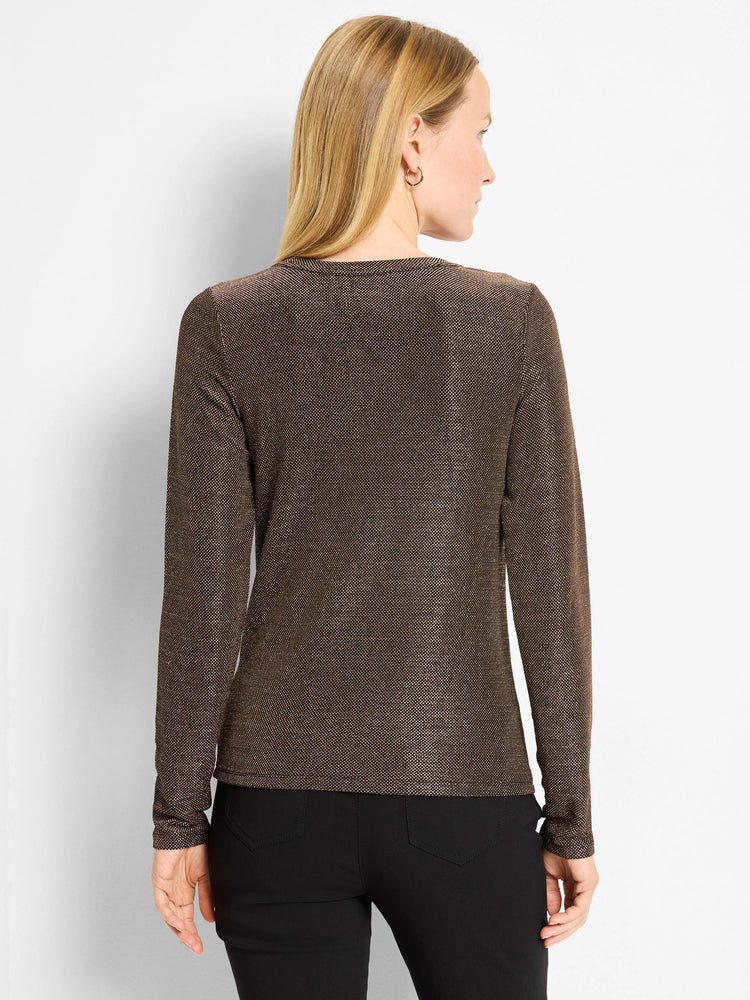 Long-sleeve knit top in deep bronze with a fine, shimmering texture. Model shown from the back.