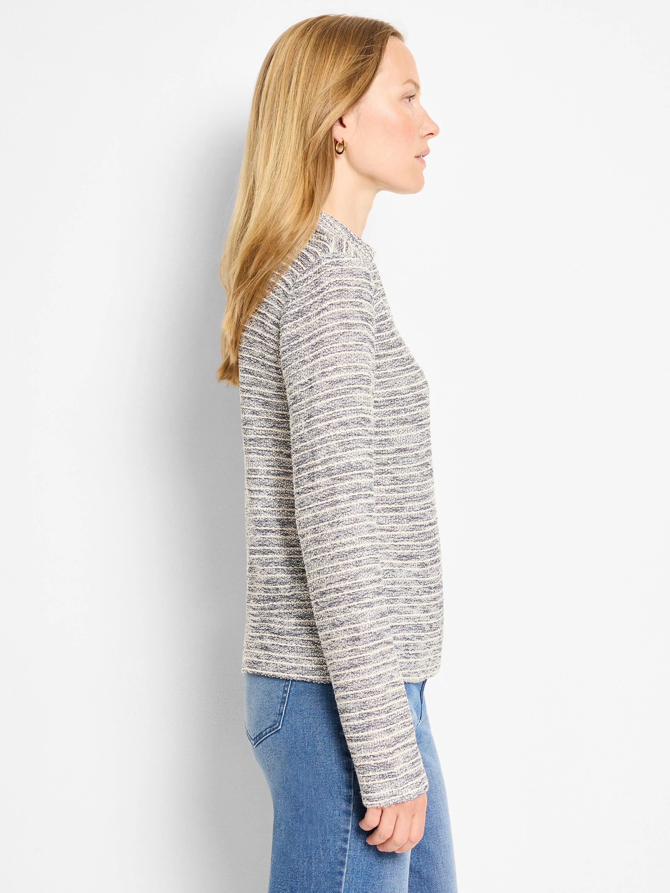Long-sleeved top, cream and blue marl textured knit with horizontal striped pattern.