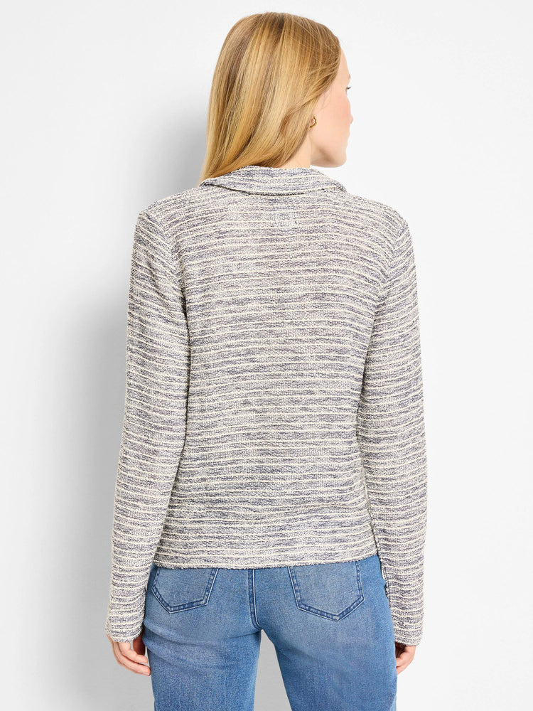 Cream and muted blue rope-textured polo top with horizontal shimmer stripes and a collar. Back view.
