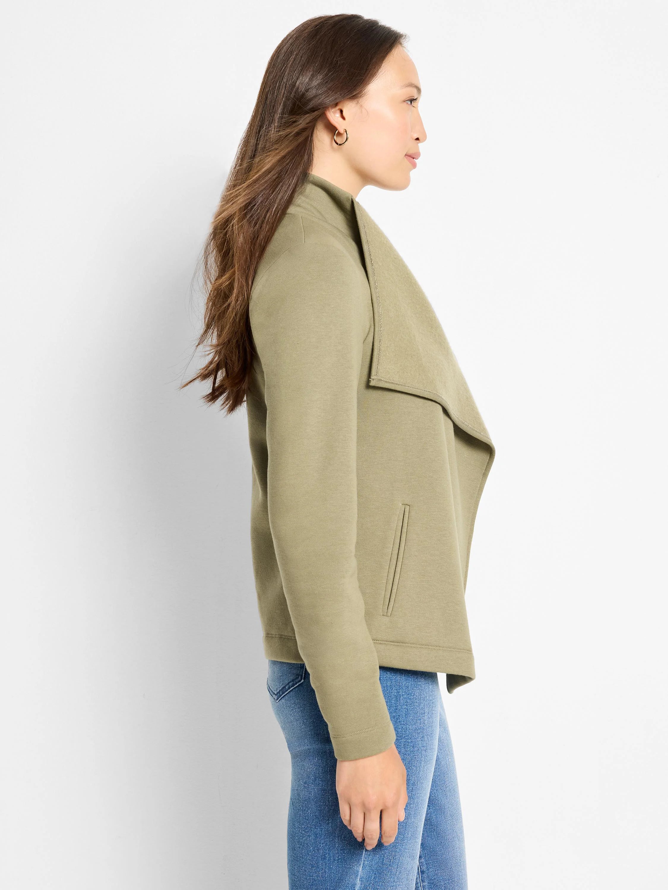 Olive green Lounge Around Moto Jacket on a model. Features a draped collar and vertical slit pocket.