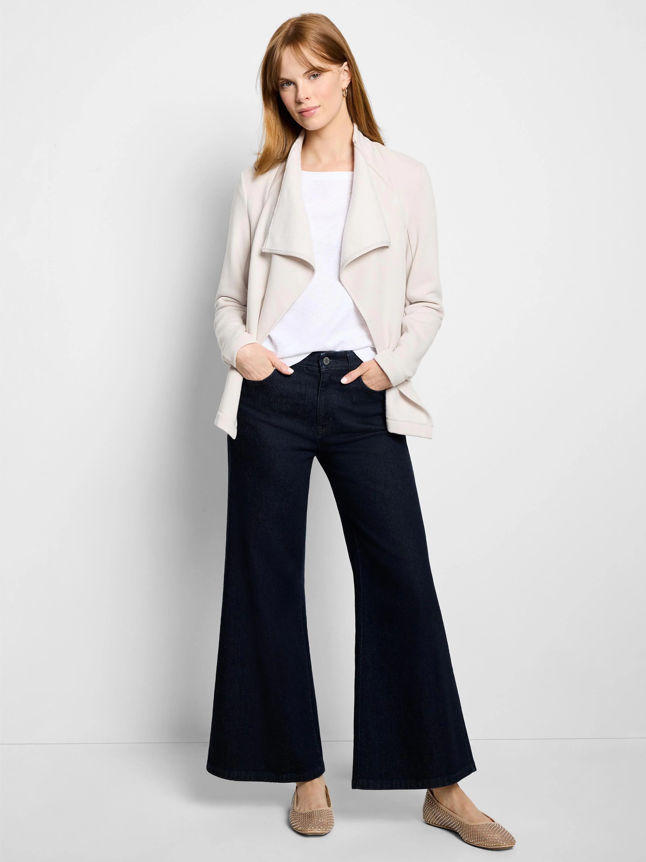Pale beige jacket with a draped open front and moto-style collar.