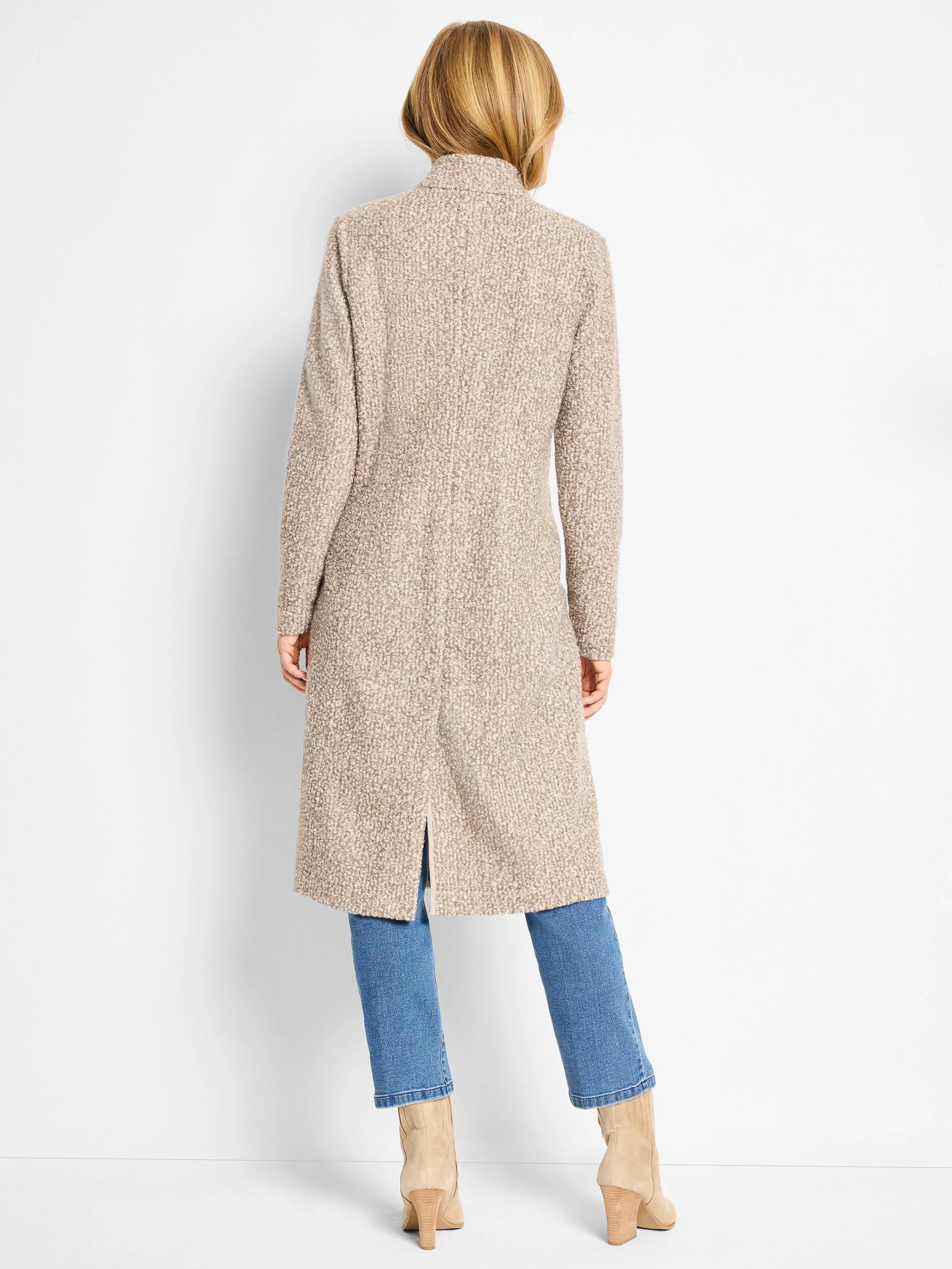Light beige, textured sherpa tweed knit topcoat with a stand-up collar and small back slit.