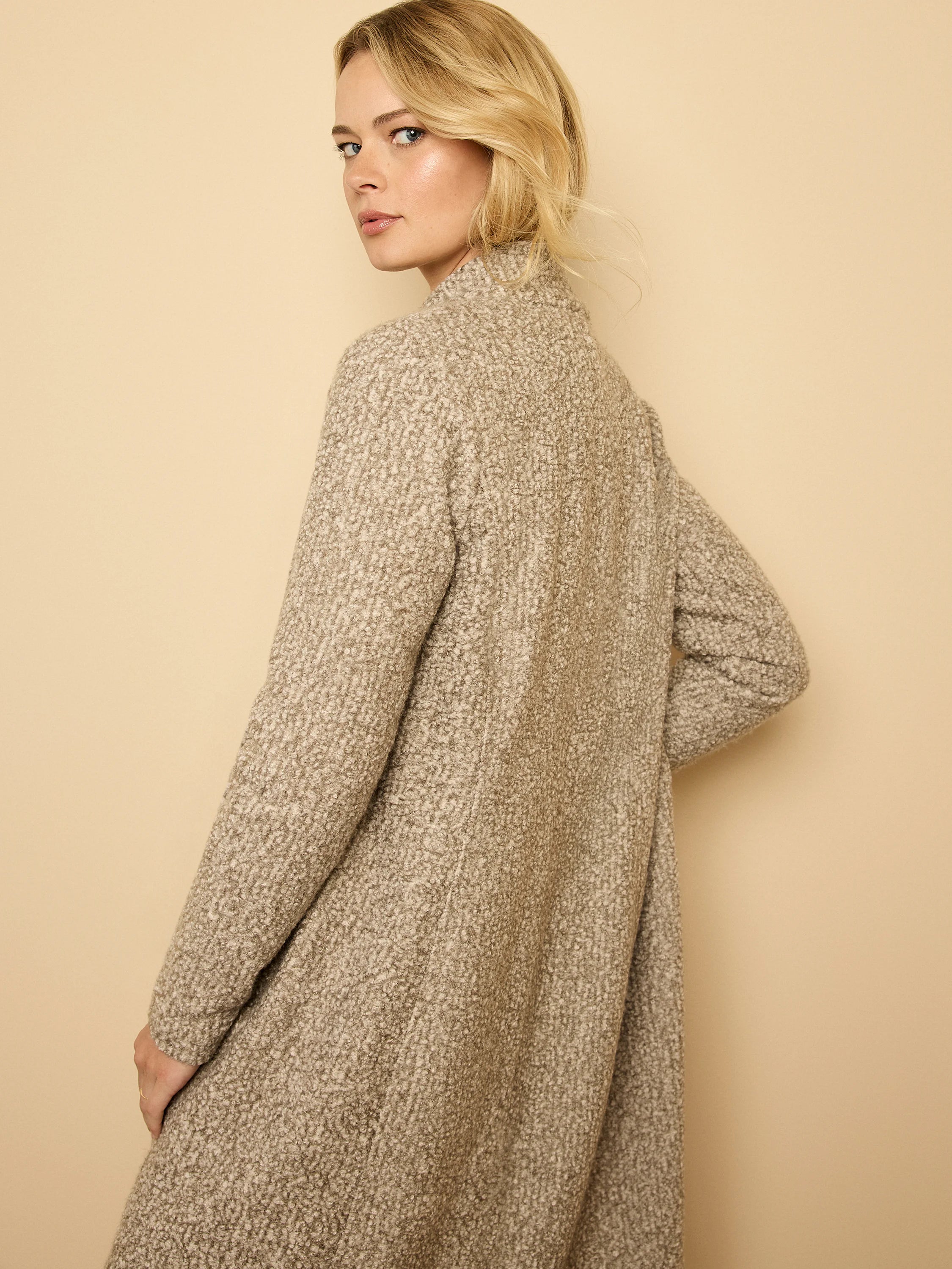 Long greige topcoat, textured sherpa tweed knit fabric with a nubbly surface.