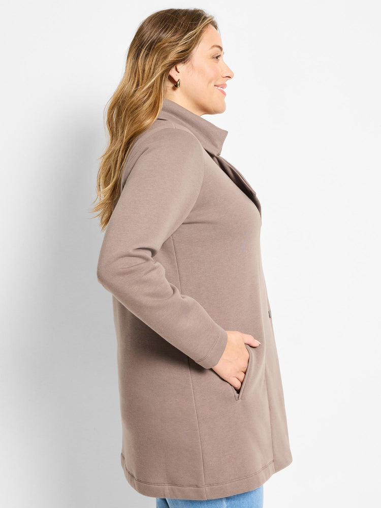 Taupe knit longline jacket with a relaxed collar, one-button front, and side pockets.