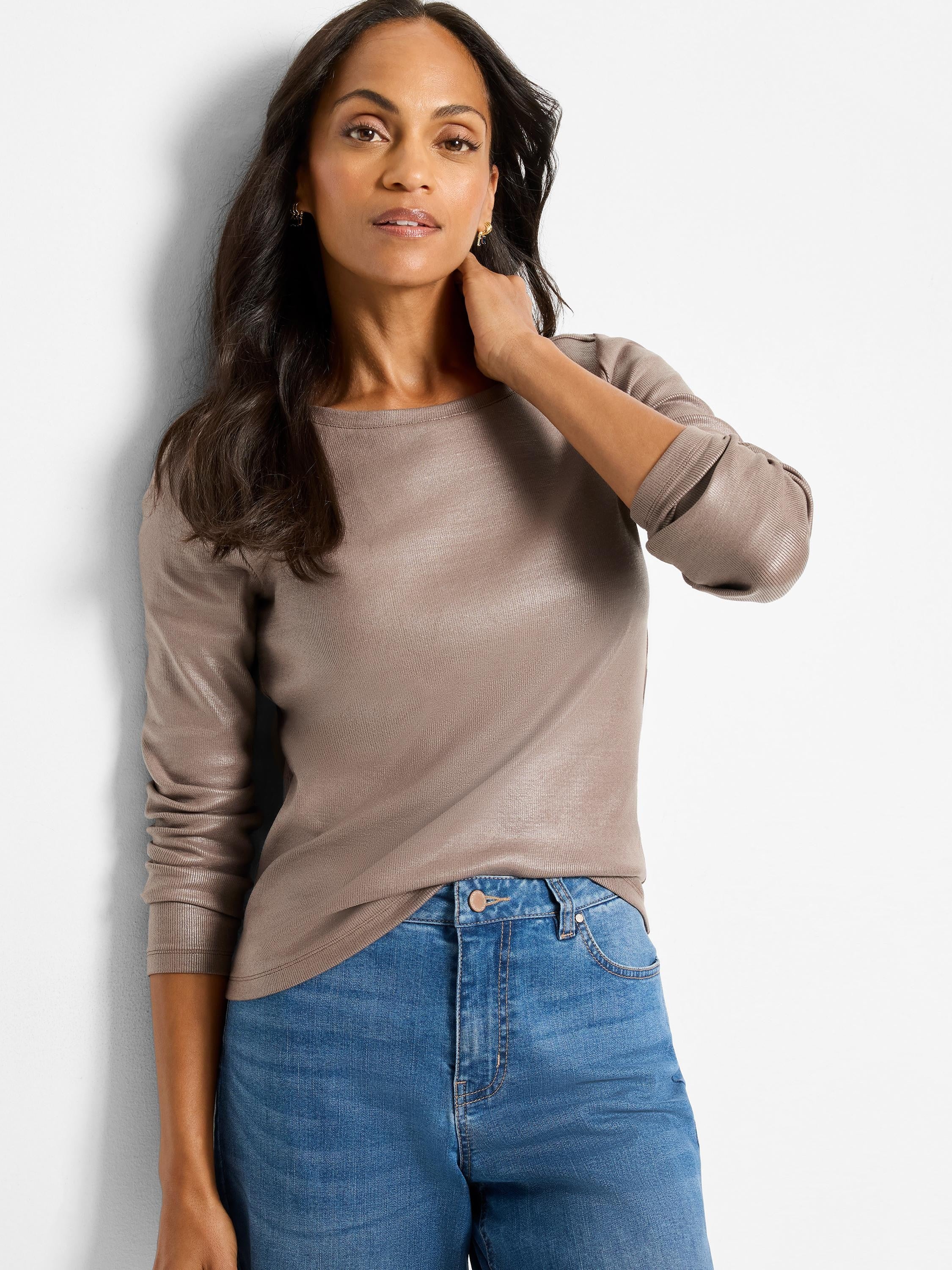 Glazed taupe ribbed boat neck tee with long sleeves.