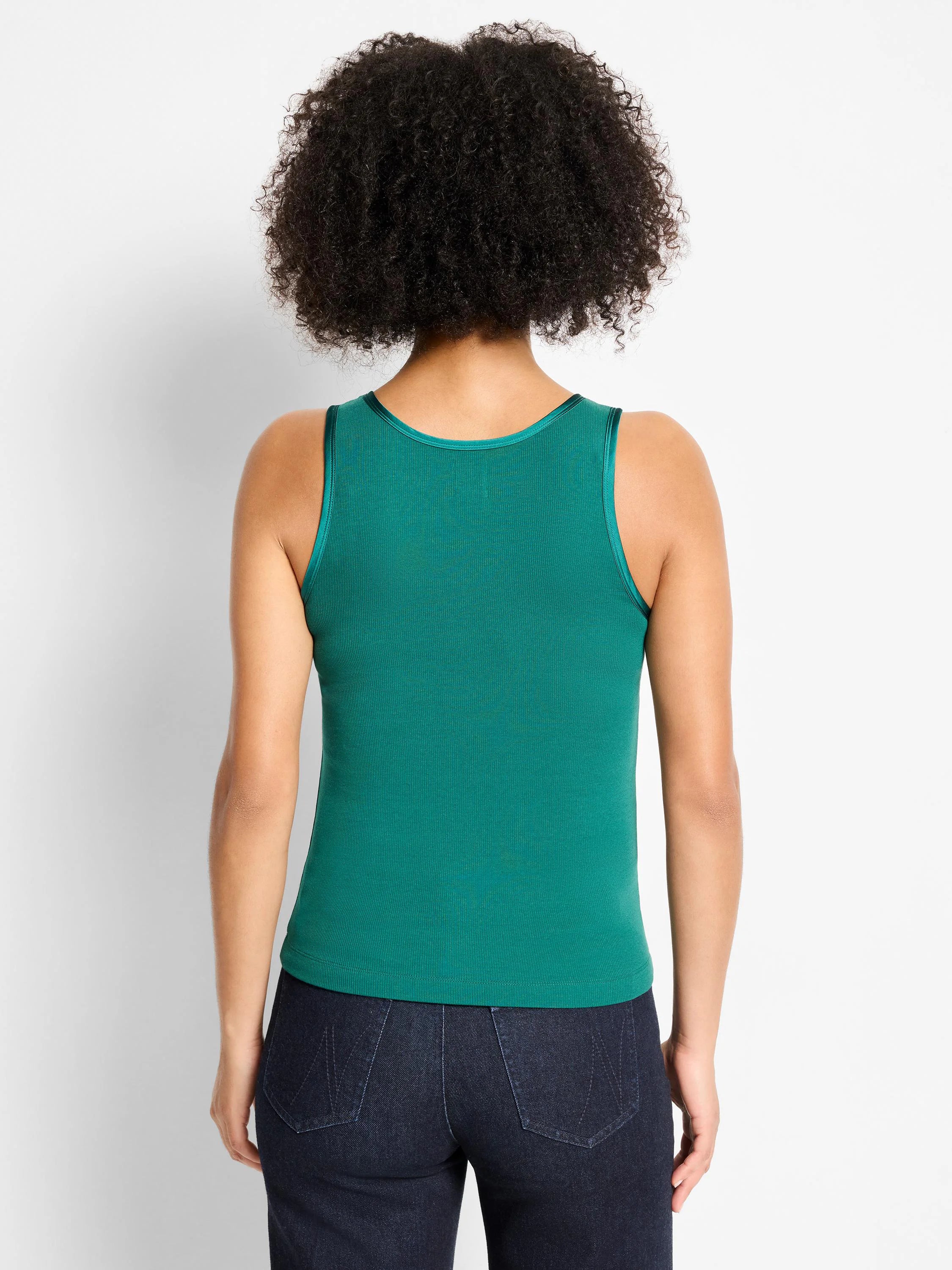 Deep teal ribbed tank top, back view. Features a darker, smooth trim around the neckline and armholes.