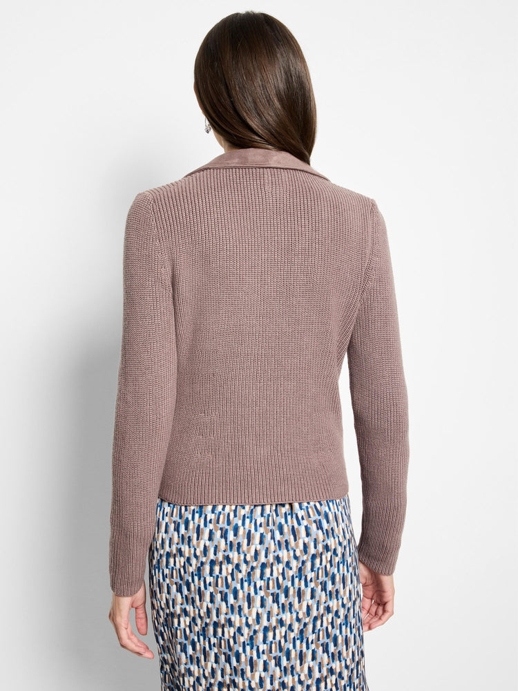 Mauve mixed media moto jacket, ribbed knit body, smooth collar, back view.