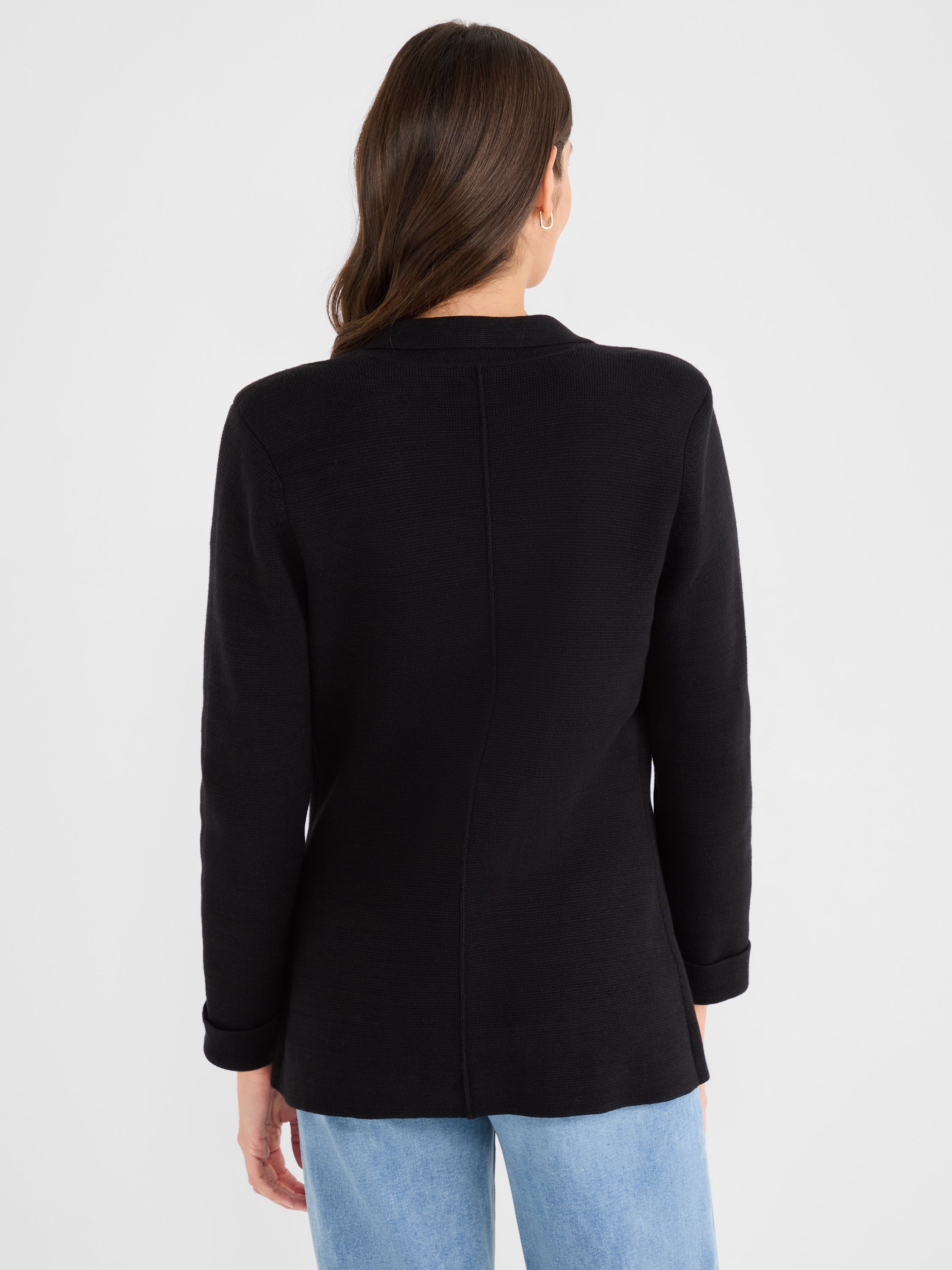 Black textured knit blazer jacket, relaxed fit, featuring a center back seam detail and cuffed sleeves.