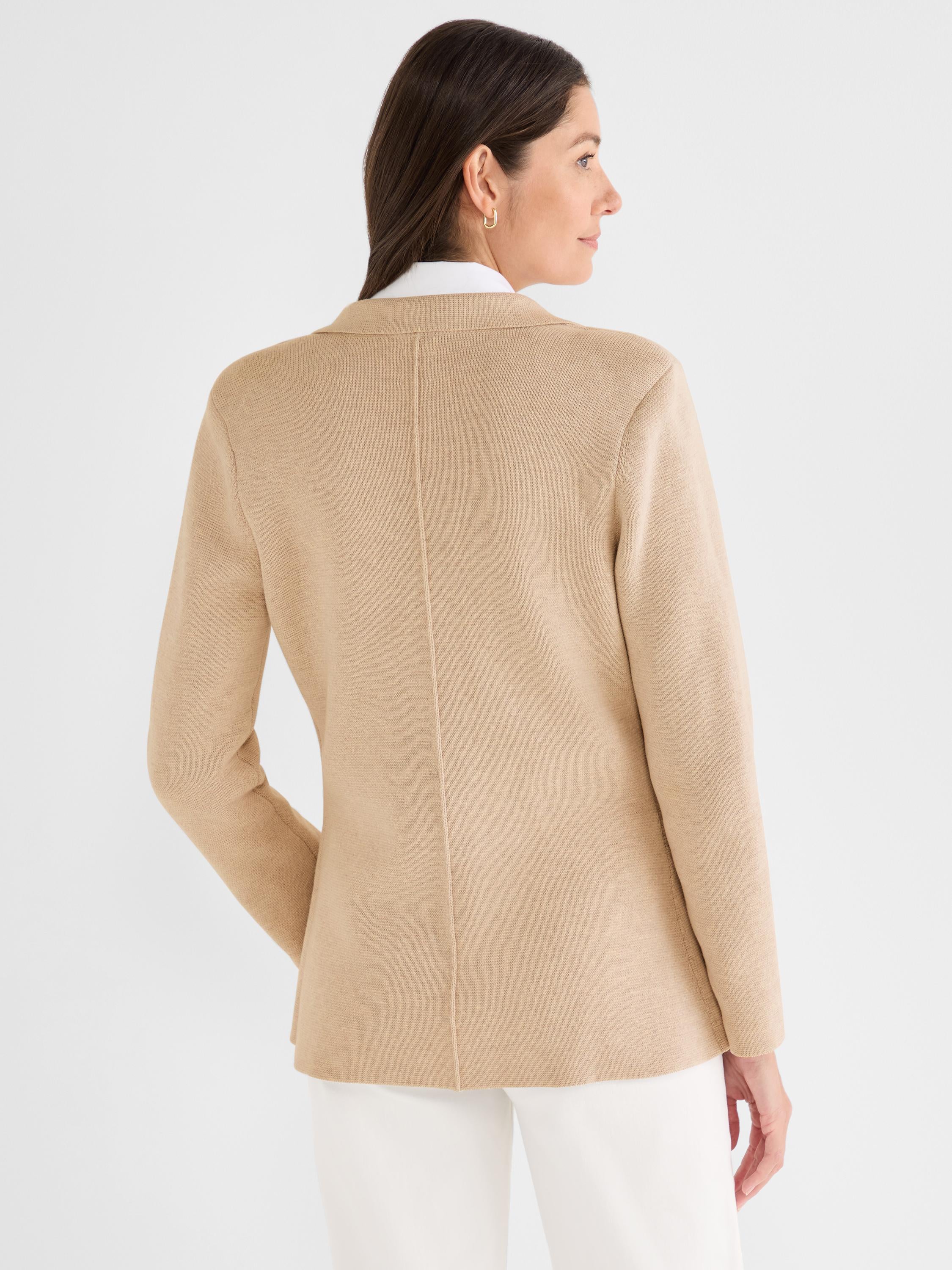 Tan knit blazer jacket with a tailored fit, long sleeves, and a vertical back seam detail.