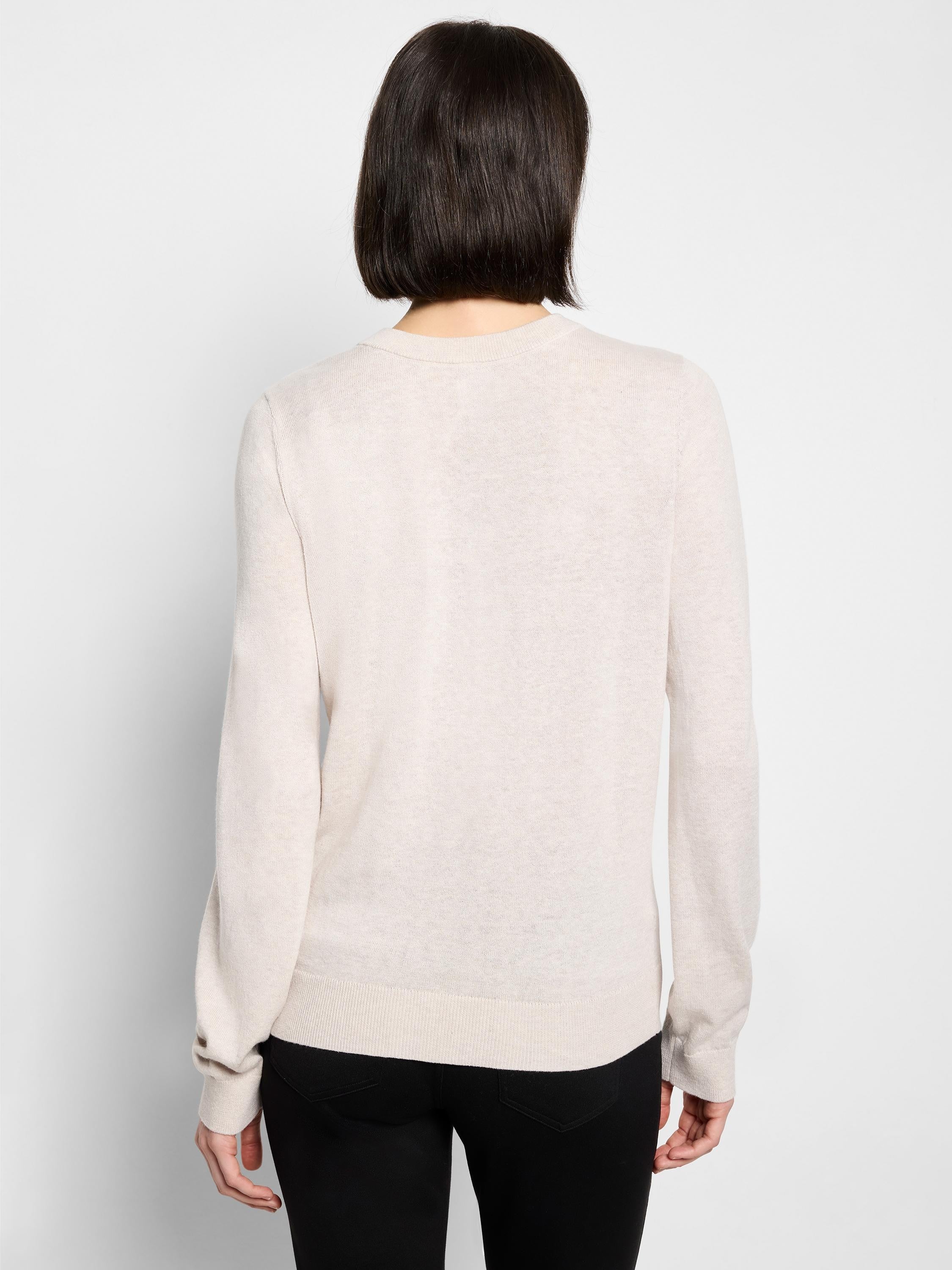 Light beige knit sweater shown from the back, featuring a crew neck, ribbed cuffs, and hem.