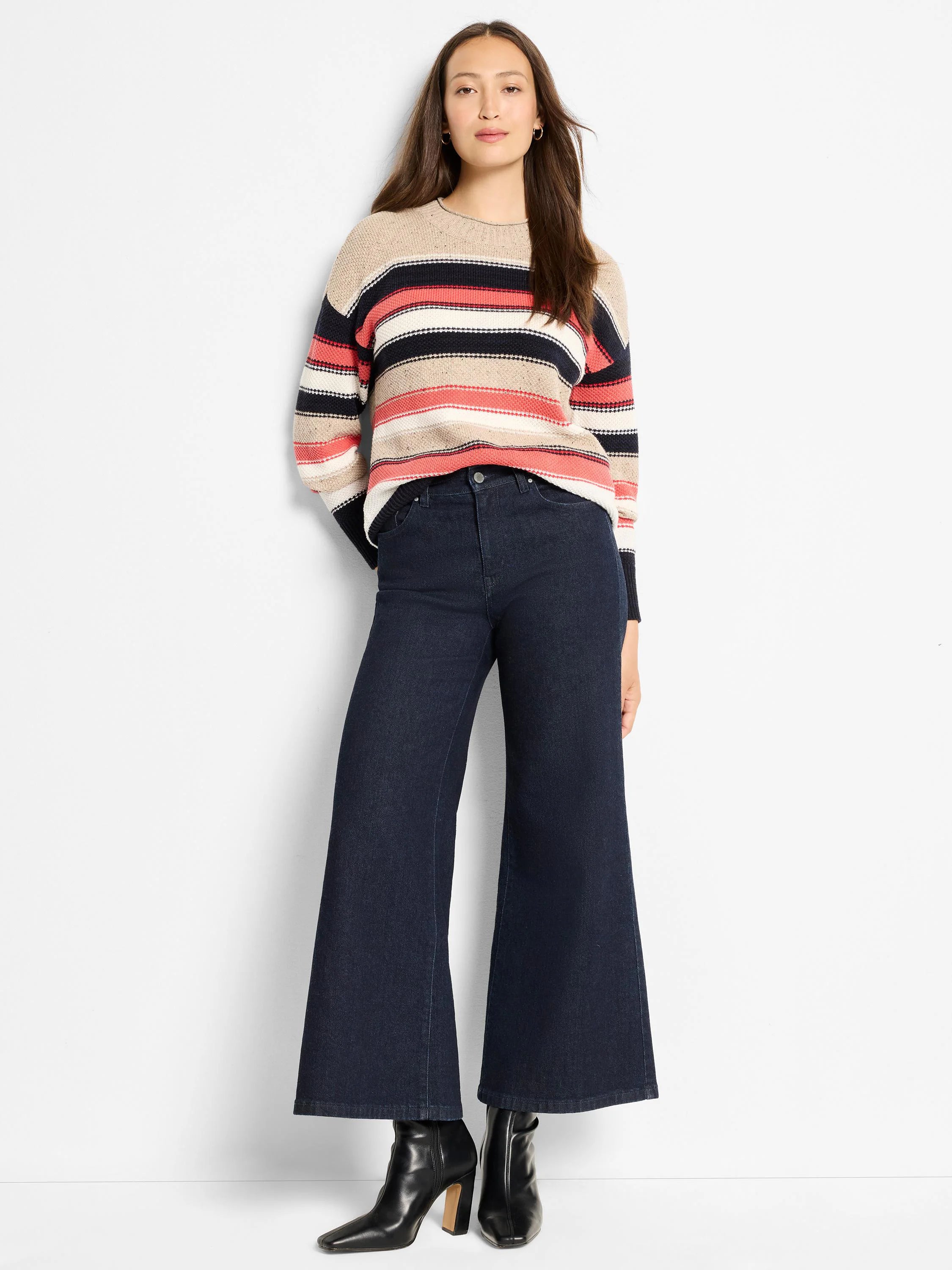 Speckled knit sweater with horizontal beige, navy, white, and coral stripes.