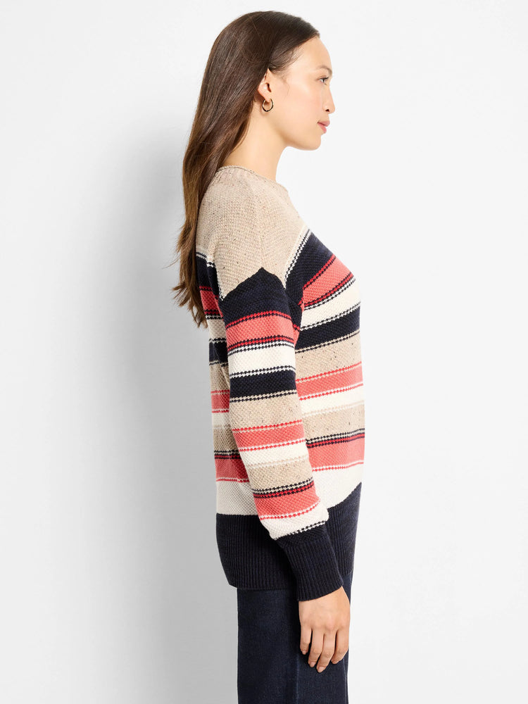 Speckled knit sweater with horizontal stripes in navy, coral, cream, and beige.