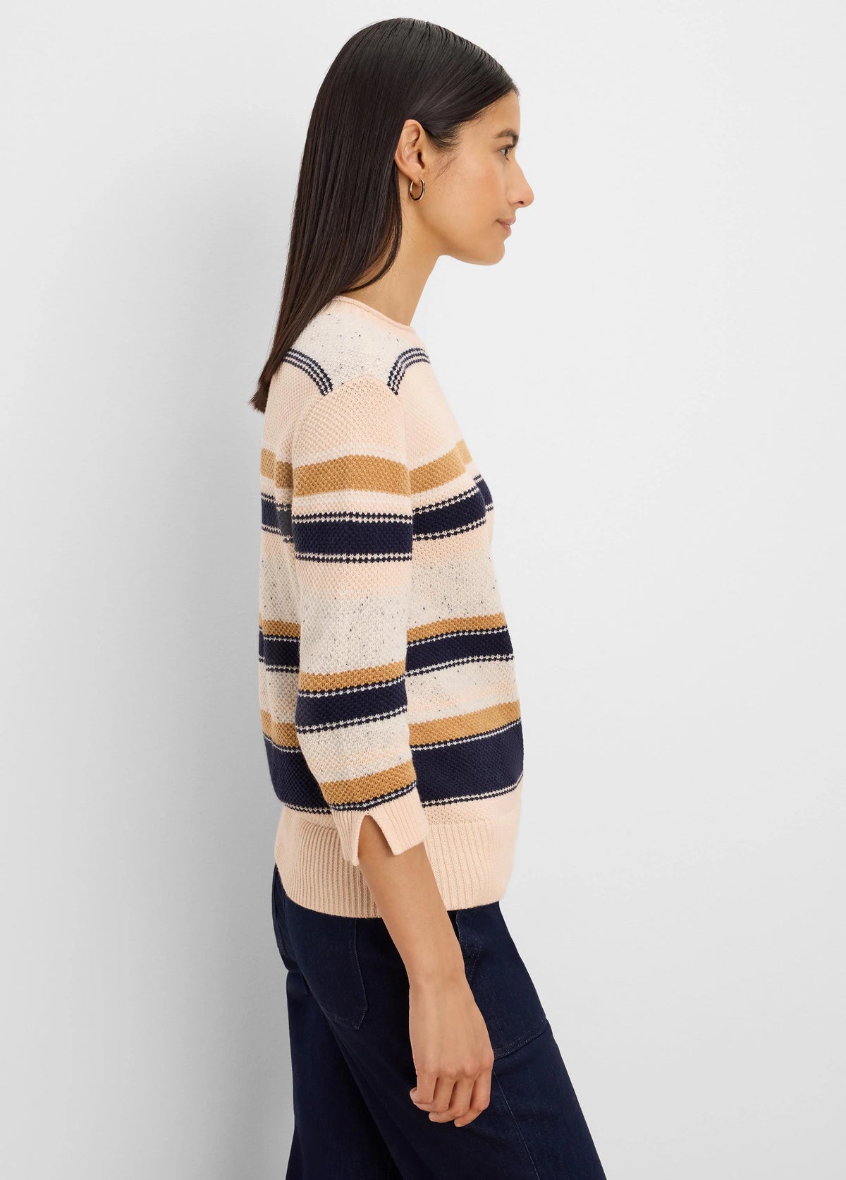 Light speckle-knit sweater with navy and tan mixed horizontal stripes, 3/4 sleeves.