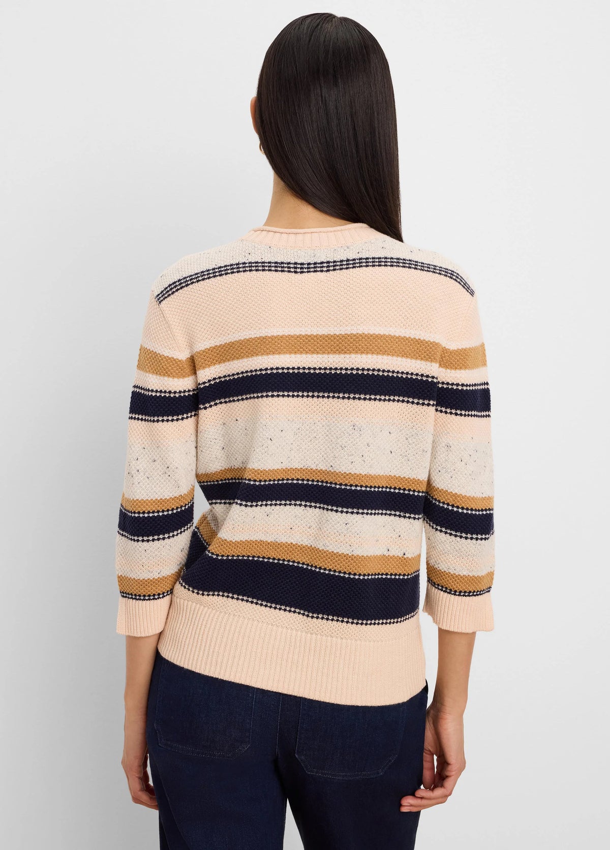Peach sweater with horizontal navy and golden brown stripes; some navy stripes have thin white lines. Has 3/4 sleeves and...