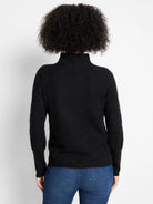 Black long-sleeved mock neck sweater with a diamond texture.