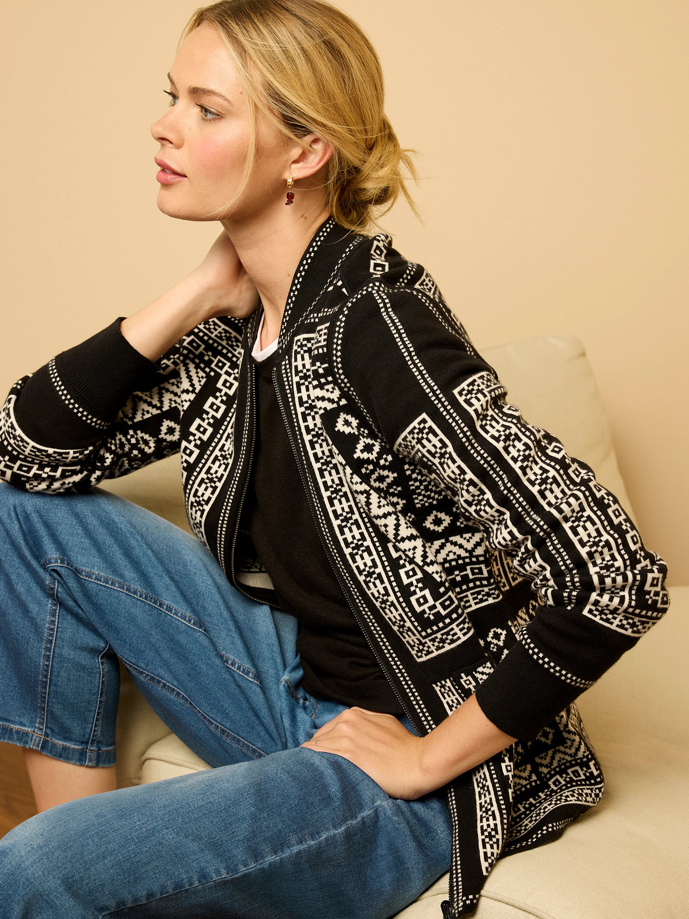 Black & white Nordic-patterned reversible jacket with full zip and ribbed cuffs.