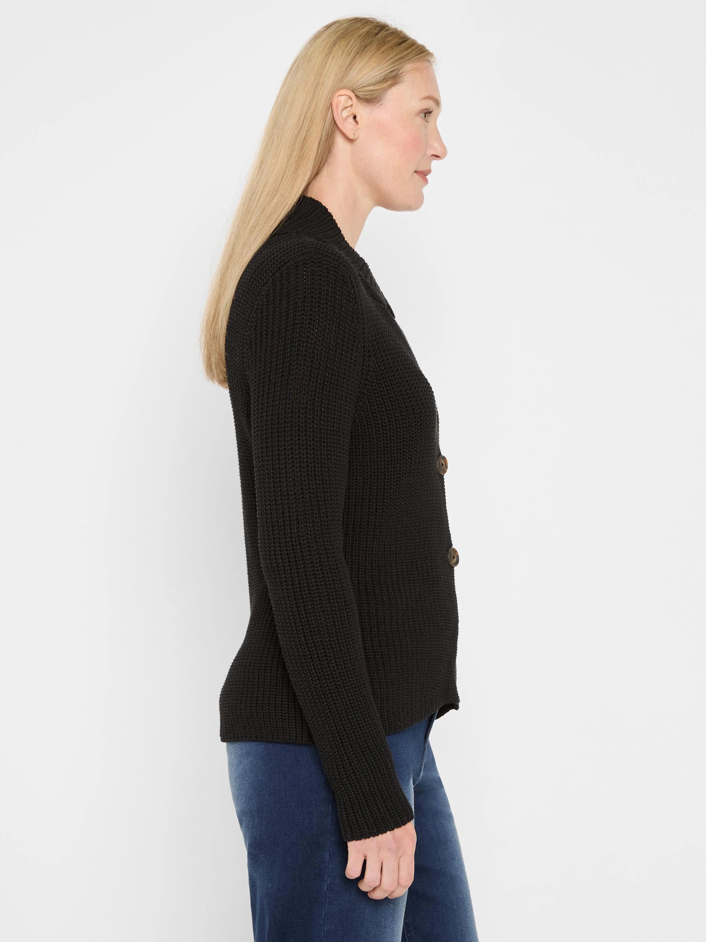 Black shaker knit cardigan with a ribbed texture, shawl collar, and three visible brown buttons.
