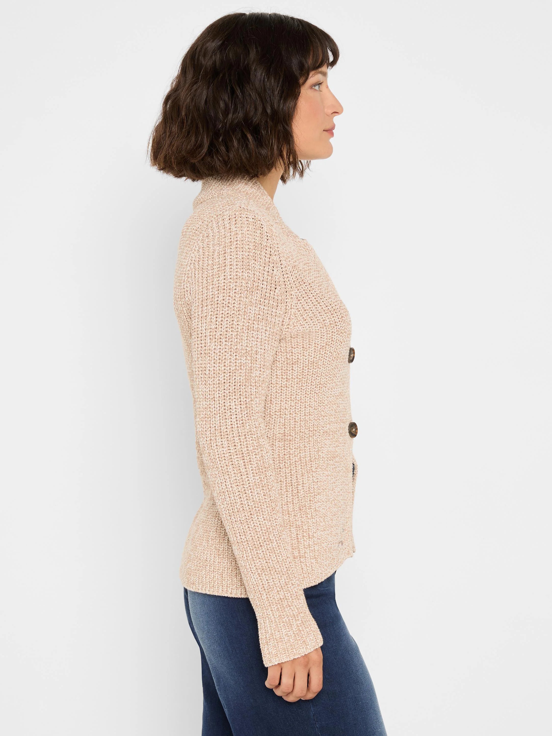 Light beige shaker knit cardigan, textured appearance. Features a stand collar and 3 dark brown front buttons.