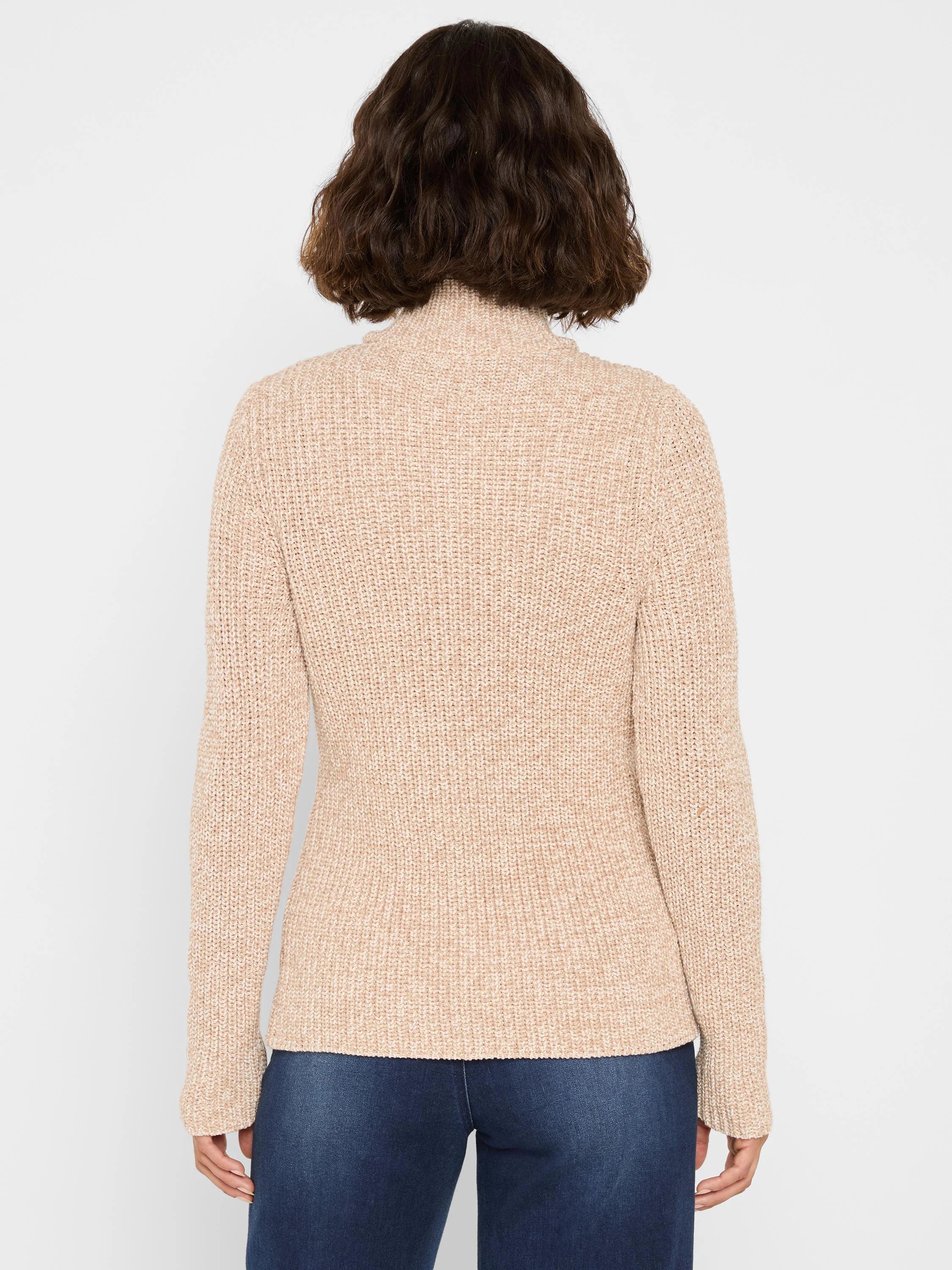 Back view of a light beige shaker knit cardy jacket with a textured ribbed pattern and mock neck.