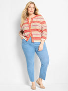 Energizer Cardigan: Tan, coral, pink geometric patterned button-front cardigan with 3/4 sleeves.