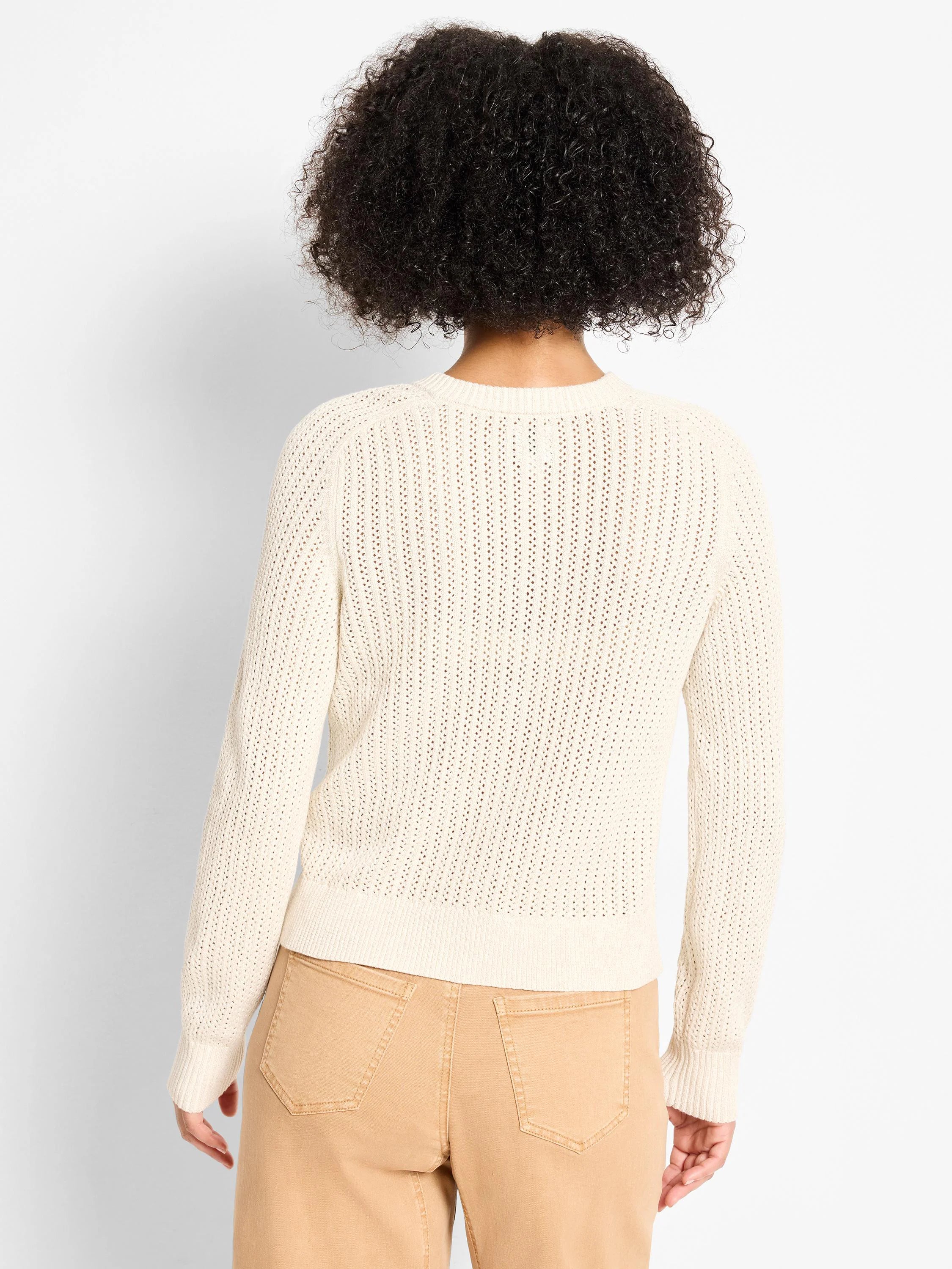 Cream open-knit cardigan with long sleeves, ribbed cuffs and hem.