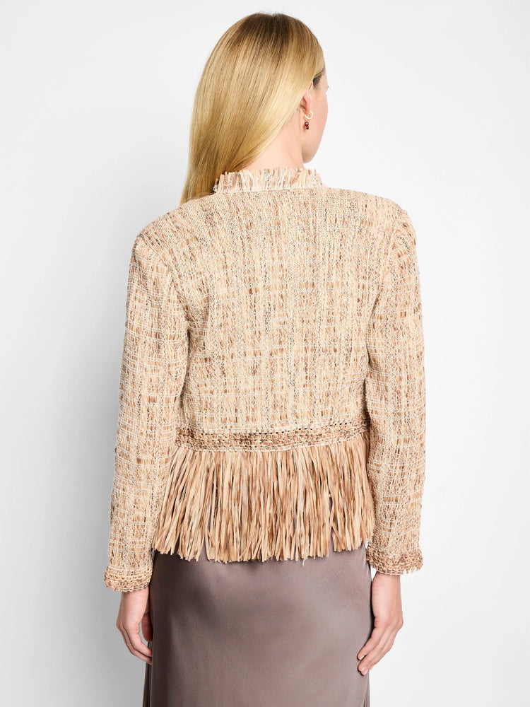 Beige knit jacket with a textured weave and long fringe at the hem. The fringe is a similar beige/brown shade.