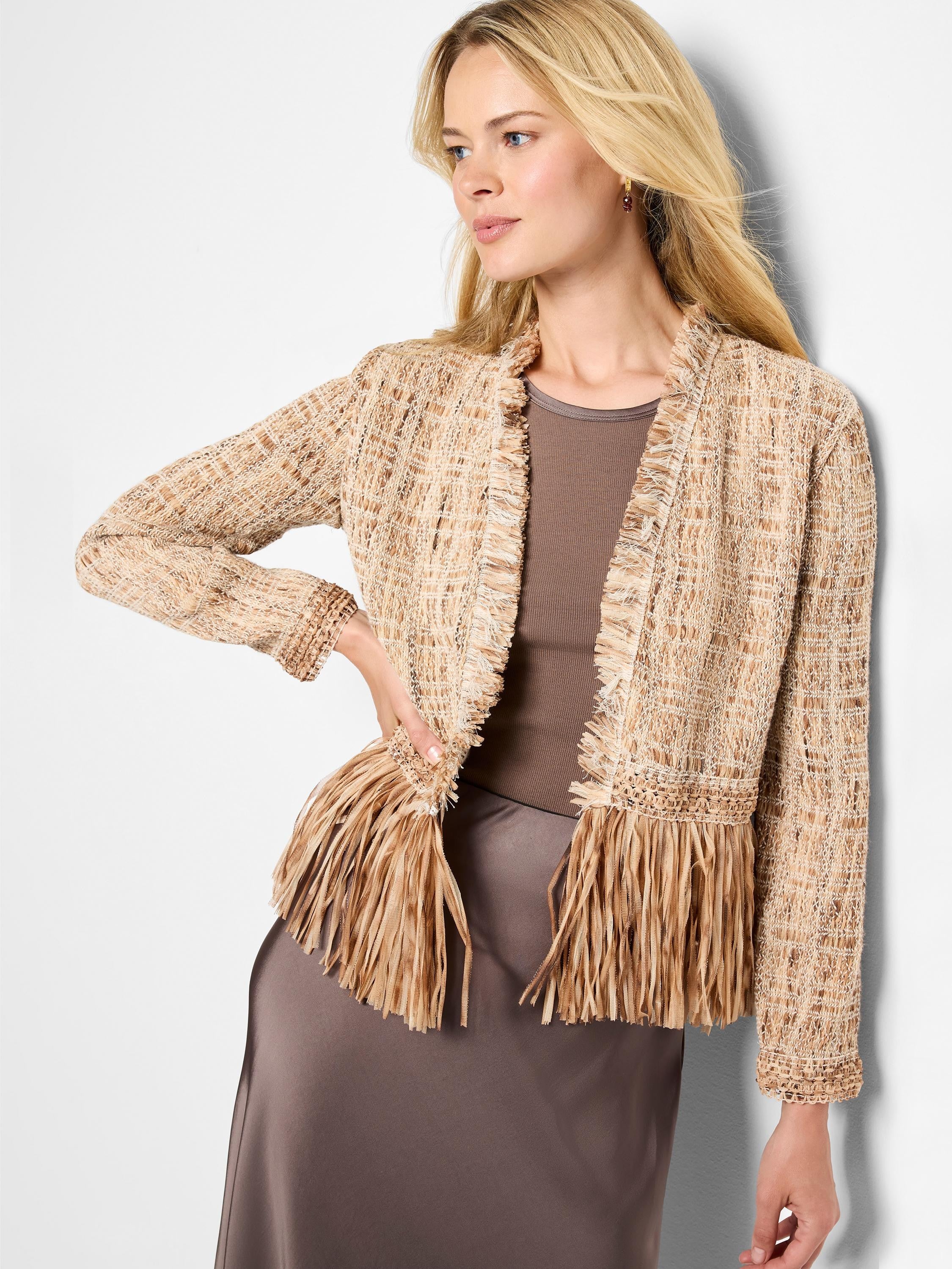 Beige knit jacket with tan fringe trim. Open front, three-quarter sleeves.