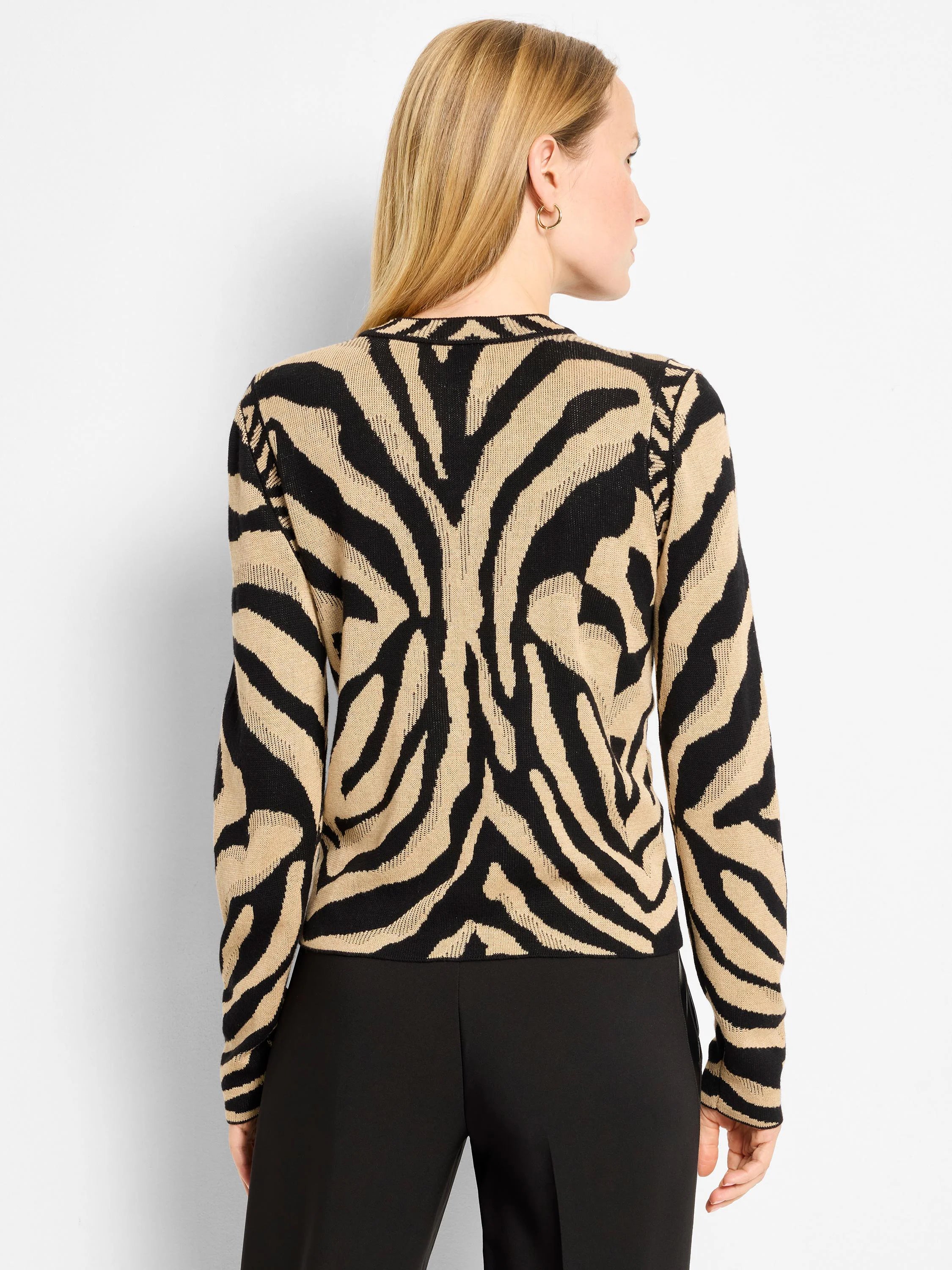 Black and tan zebra print jacquard knit cardigan, modeled from the back.