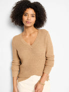 Camel V-neck sweater featuring a textured waffle knit with subtle golden shimmer throughout.