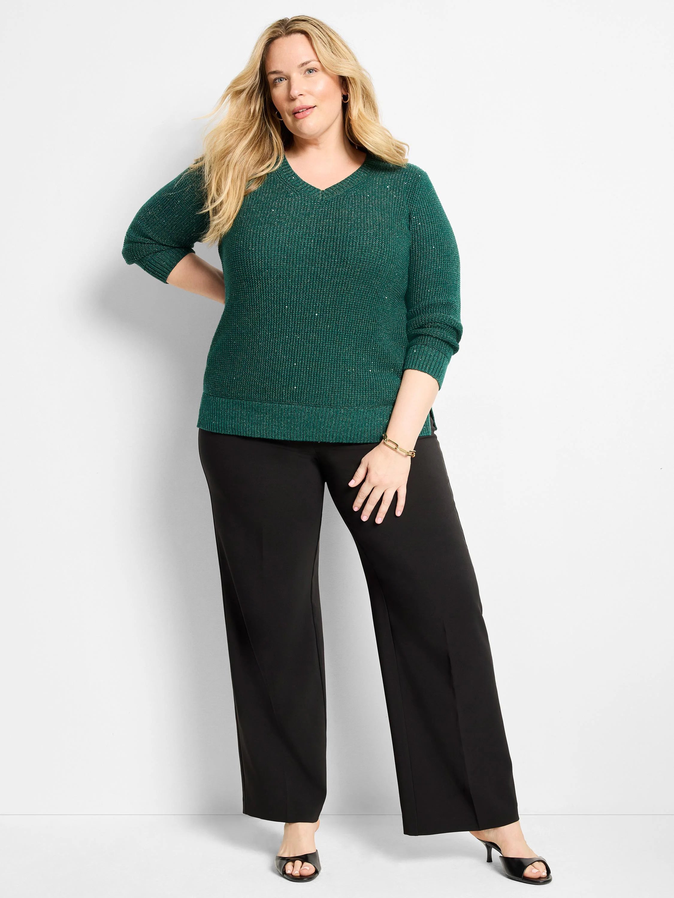 Emerald shimmer V-neck sweater, waffle knit, with ribbed cuffs and hem.