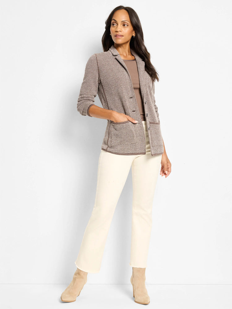 Brown pixel knit jacket with notched lapel, 3-button front, and two patch pockets, accented by dark brown trim.