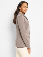 Brown two-tone pixel knit jacket with dark brown collar, 3-button front closure, and matching trim details.