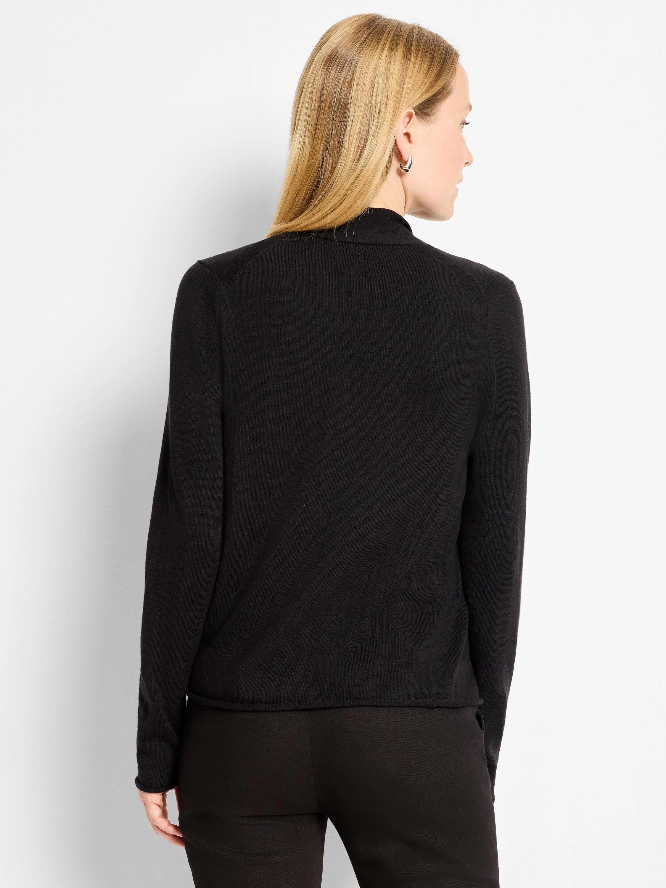 Everyday Cardigan in black, featuring a mock neck, long sleeves, and fine knit texture. Shown from the back on a model.