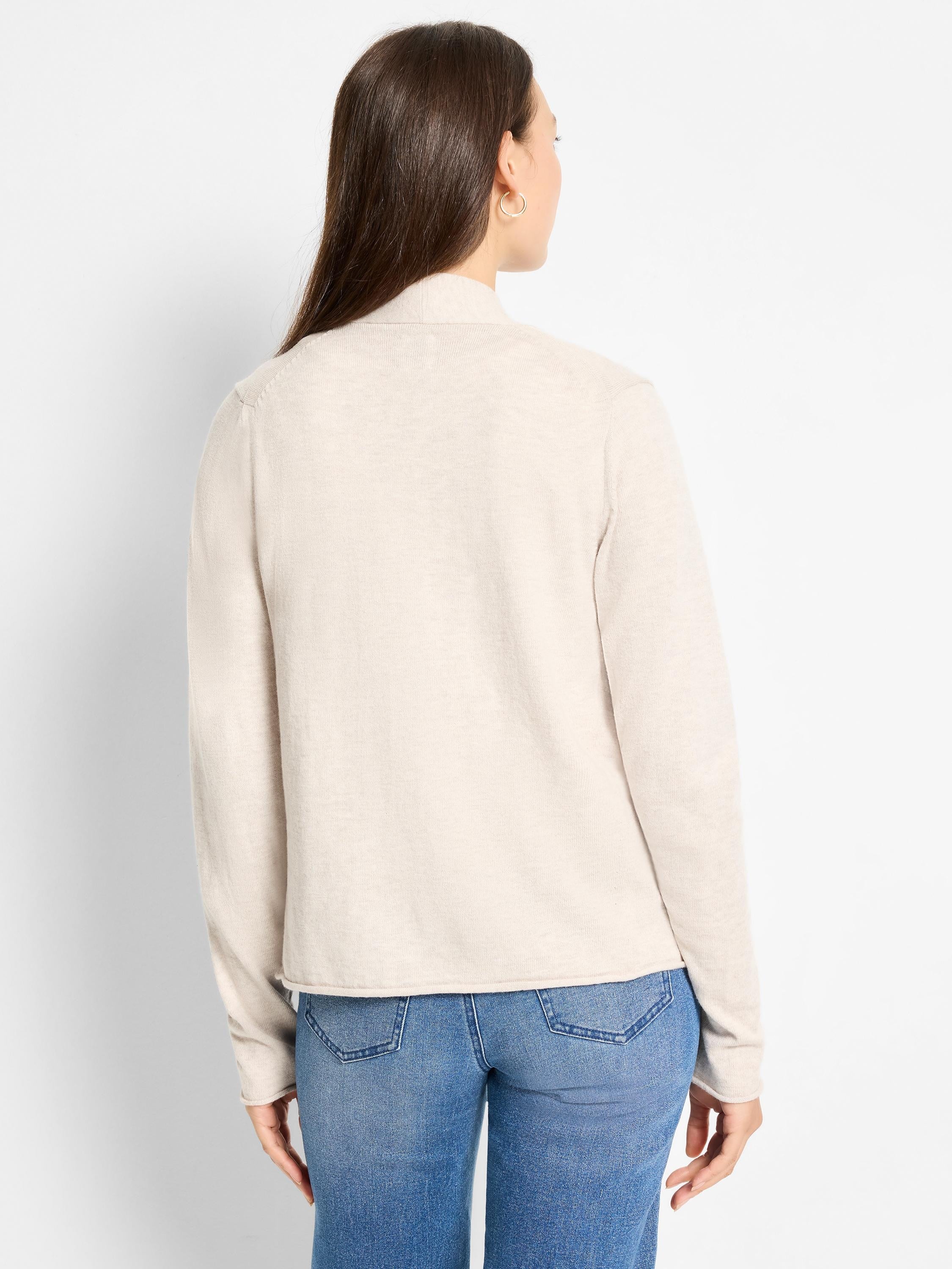 Light beige knit cardigan, stand collar, long sleeves, hip-length, shown from back.