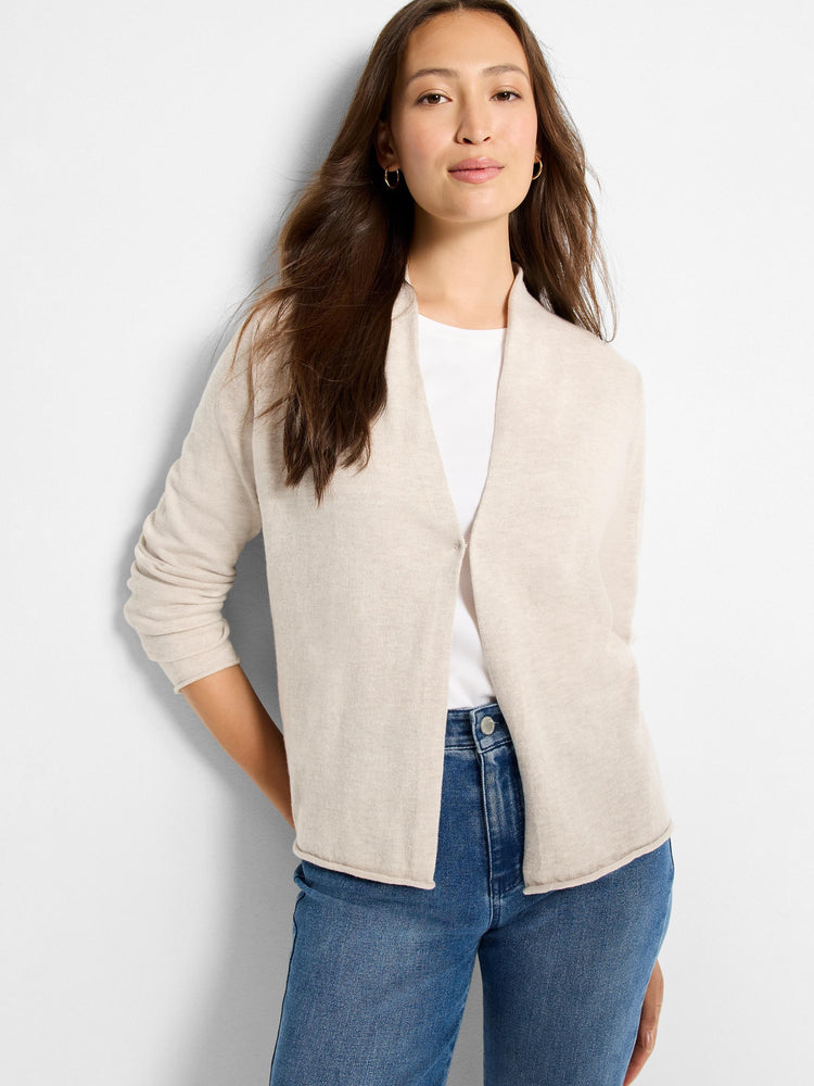 Light oatmeal open-front cardigan with a soft shawl collar and long sleeves with ribbed cuffs.