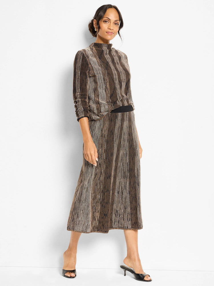 Mock neck sweater with vertical ombre pixel knit in brown, black, and light beige. Has ruched sleeves and elasticized hem.